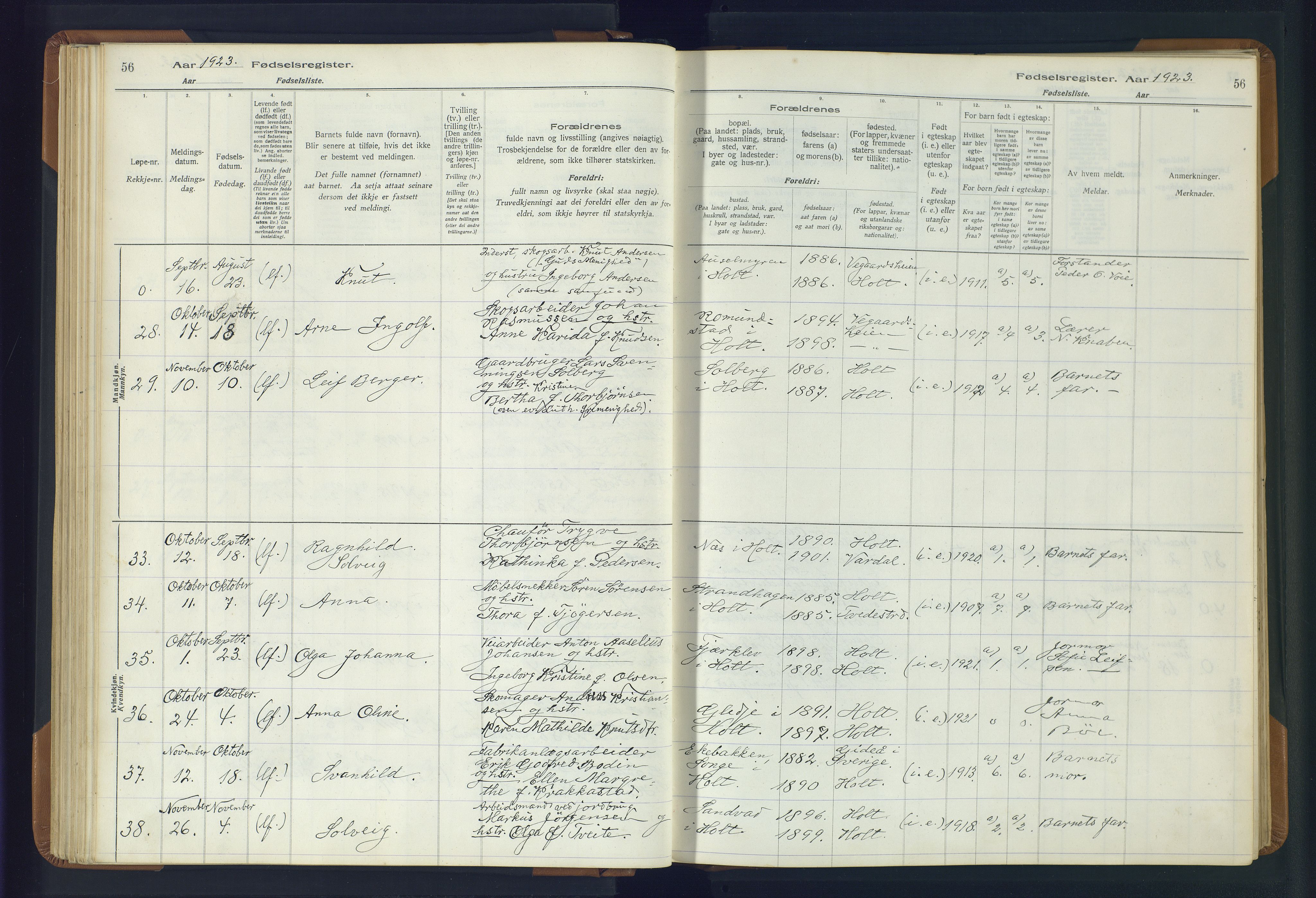 Holt sokneprestkontor, AV/SAK-1111-0021/J/Ja/L0001: Birth register no. II.4.1, 1916-1946, p. 56