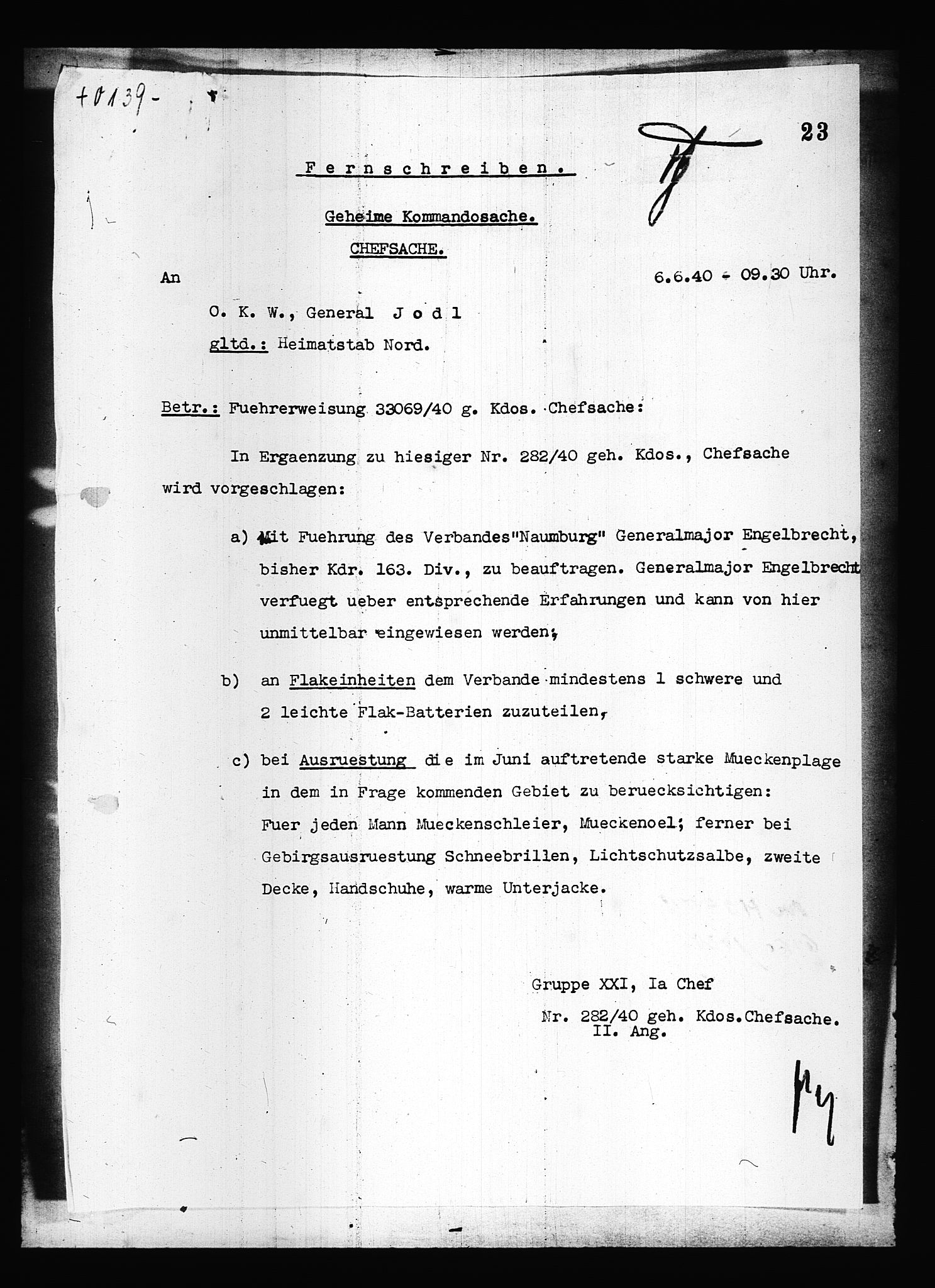 Documents Section, AV/RA-RAFA-2200/V/L0084: Amerikansk mikrofilm "Captured German Documents".
Box No. 723.  FKA jnr. 615/1954., 1940, p. 92