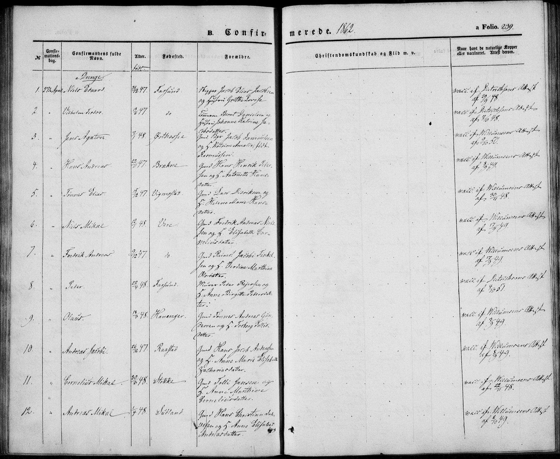 Lista sokneprestkontor, AV/SAK-1111-0027/F/Fb/L0002: Parish register (copy) no. B 2, 1847-1862, p. 239