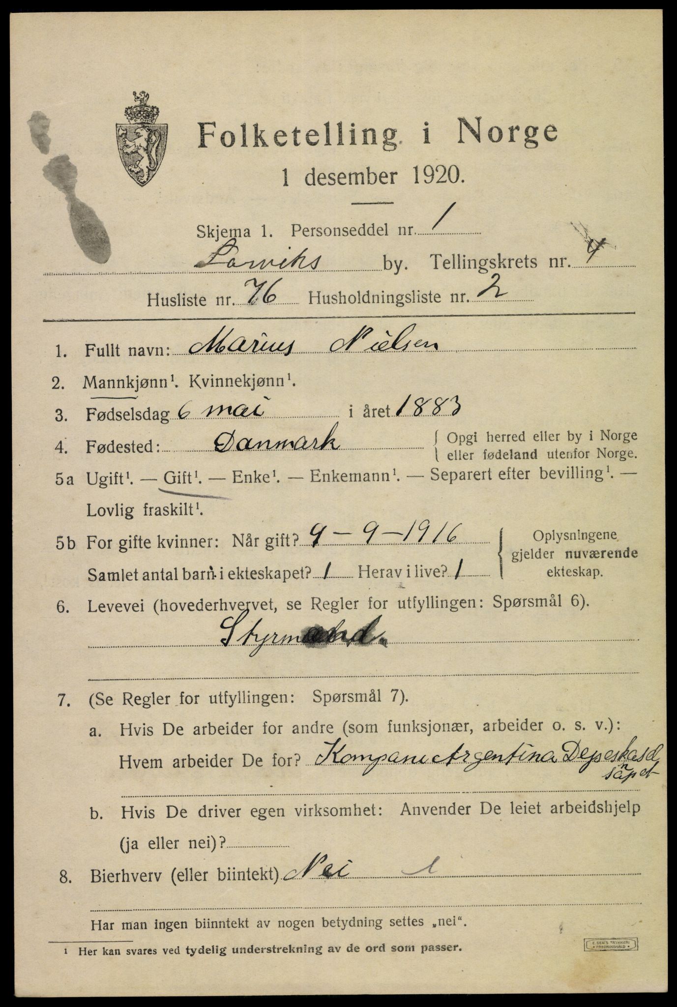 SAKO, 1920 census for Larvik, 1920, p. 14758