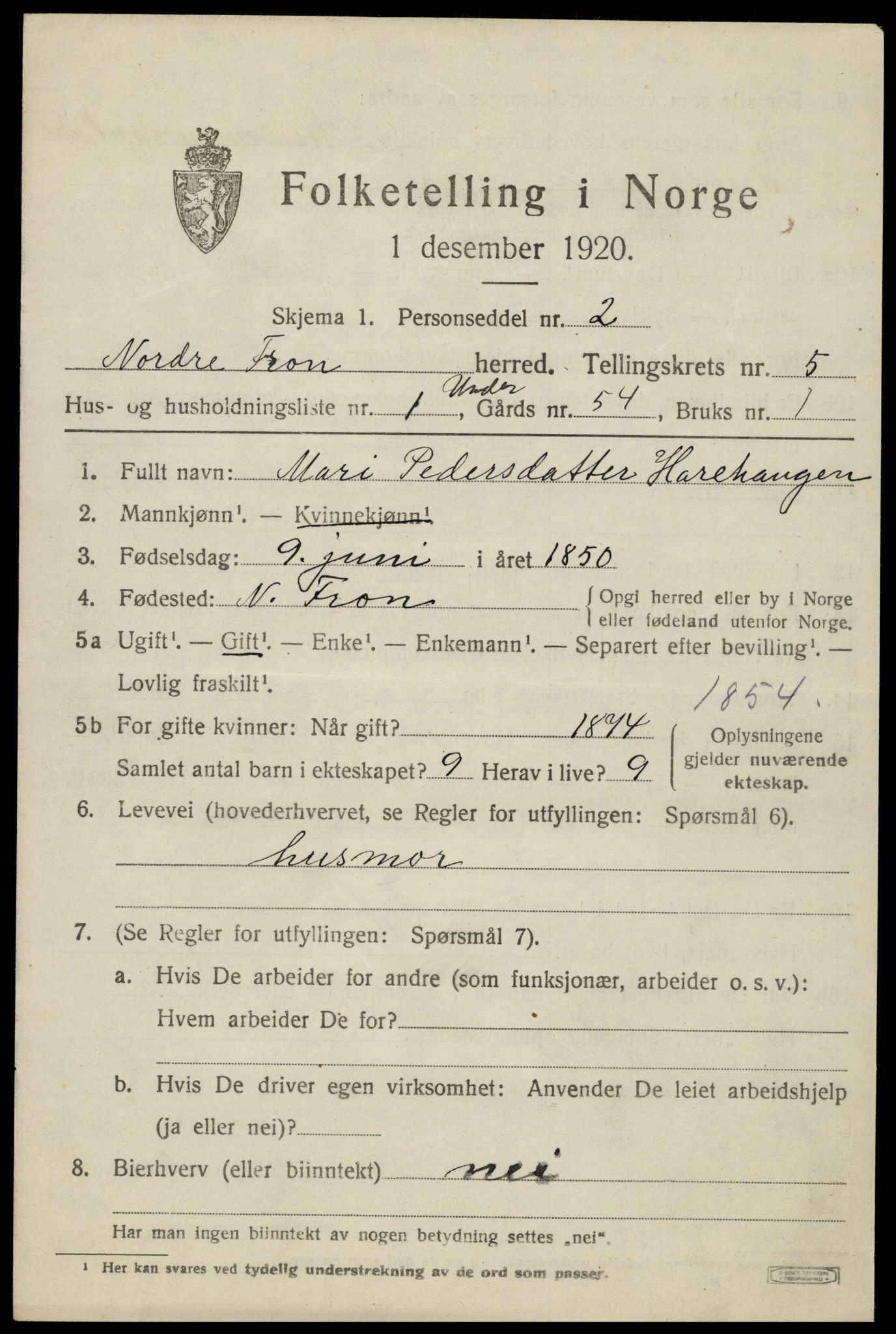 SAH, 1920 census for Nord-Fron, 1920, p. 4728