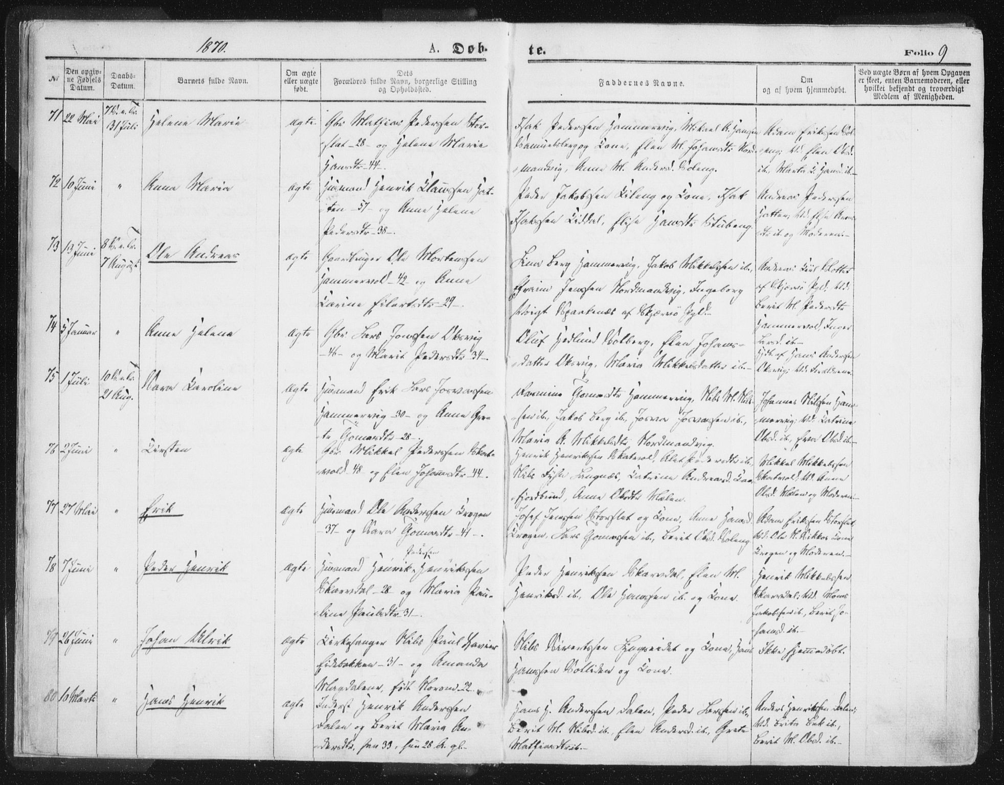 Lyngen sokneprestembete, AV/SATØ-S-1289/H/He/Hea/L0006kirke: Parish register (official) no. 6, 1870-1878, p. 9