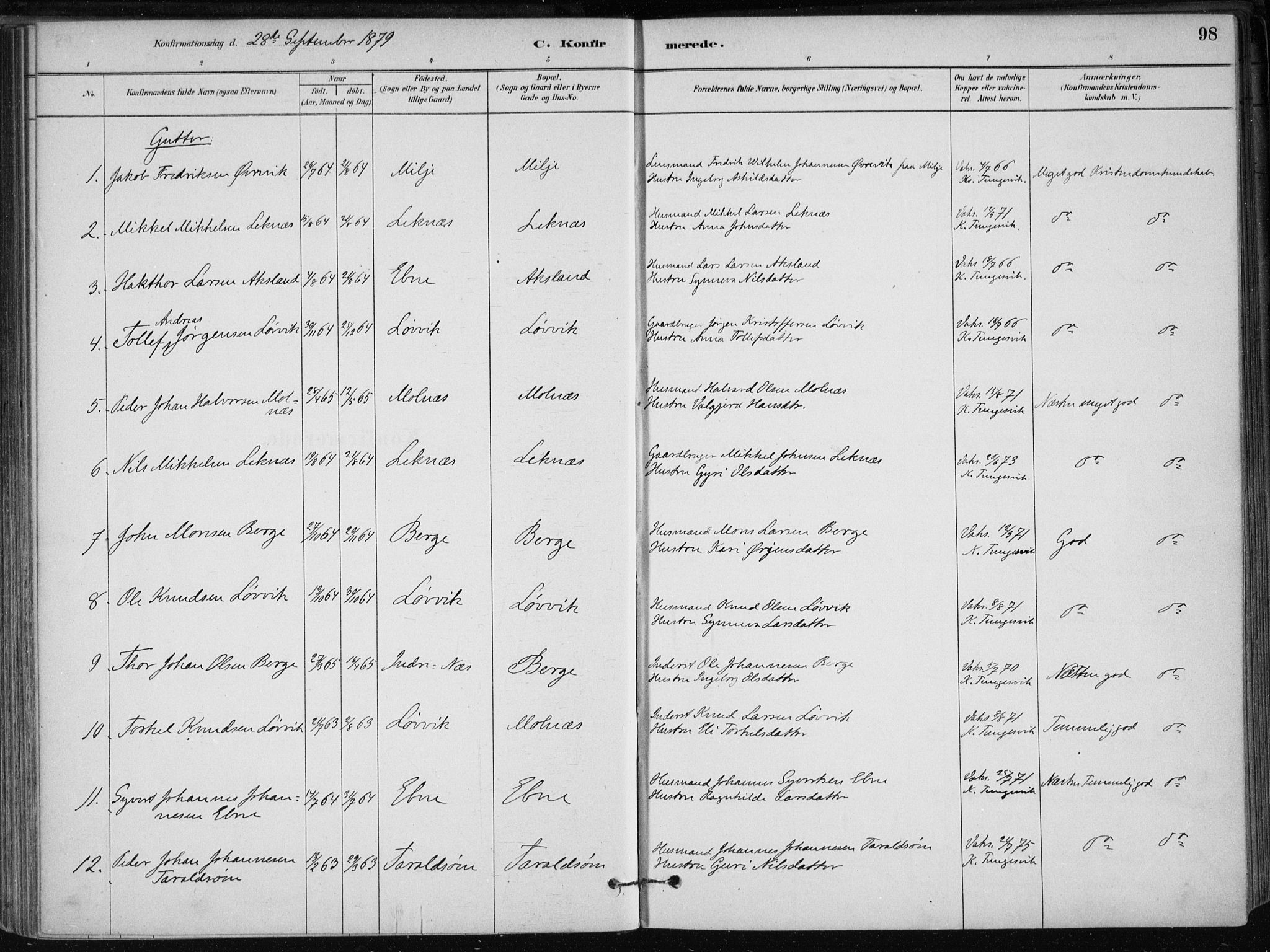 Skånevik sokneprestembete, SAB/A-77801/H/Haa: Parish register (official) no. B 1, 1879-1914, p. 98