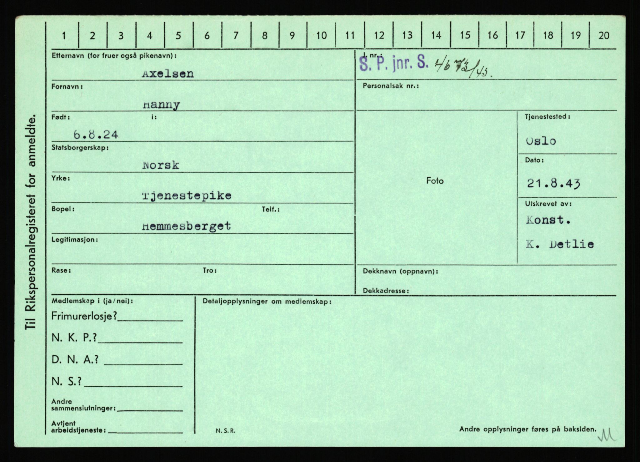 Statspolitiet - Hovedkontoret / Osloavdelingen, AV/RA-S-1329/C/Ca/L0002: Arneberg - Brand, 1943-1945, p. 828