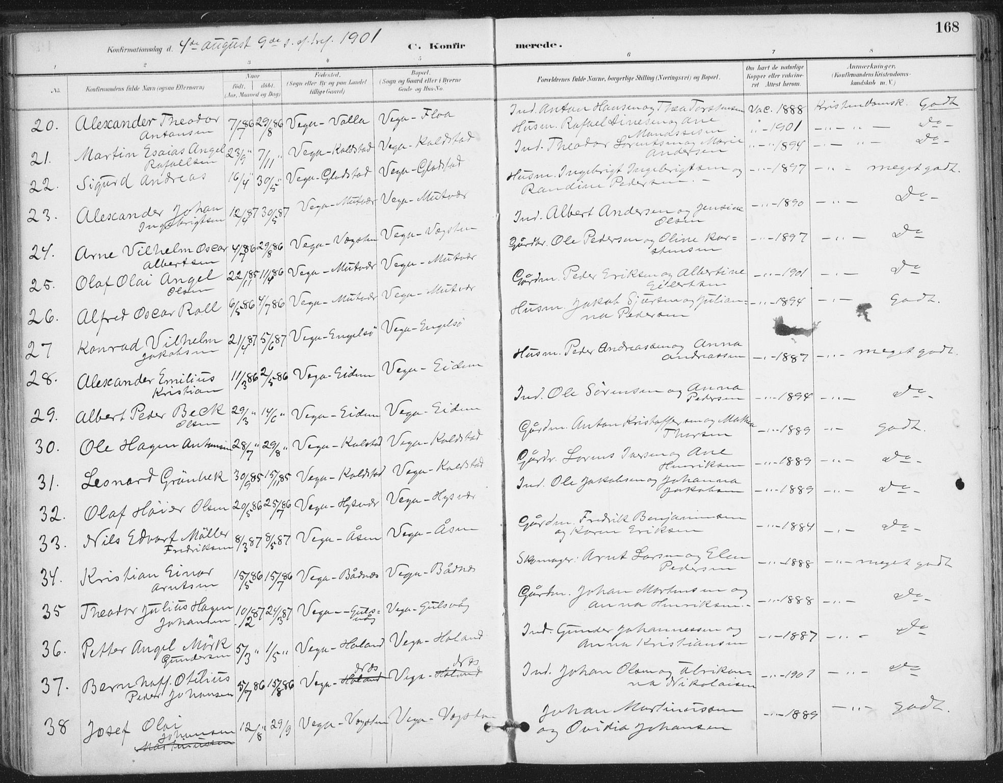 Ministerialprotokoller, klokkerbøker og fødselsregistre - Nordland, AV/SAT-A-1459/816/L0244: Parish register (official) no. 816A10, 1886-1903, p. 168