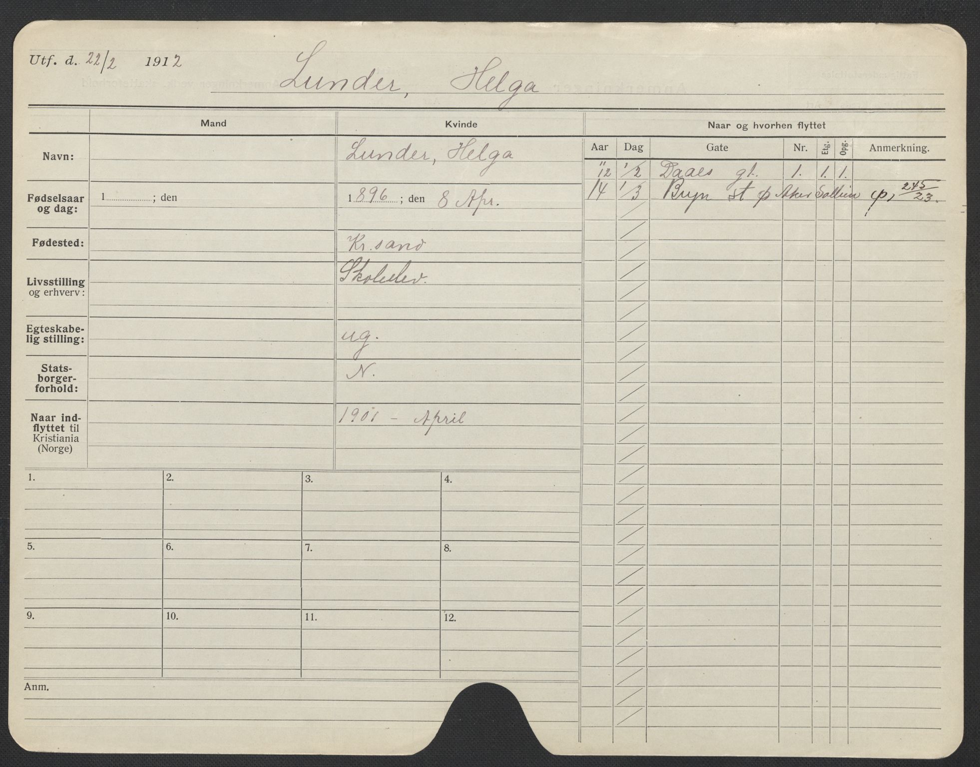 Oslo folkeregister, Registerkort, AV/SAO-A-11715/F/Fa/Fac/L0020: Kvinner, 1906-1914, p. 330a