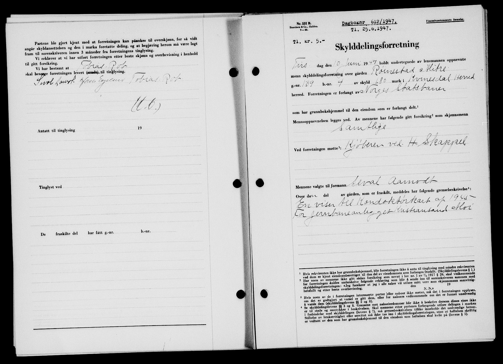 Flekkefjord sorenskriveri, SAK/1221-0001/G/Gb/Gba/L0062: Mortgage book no. A-10, 1947-1947, Diary no: : 612/1947