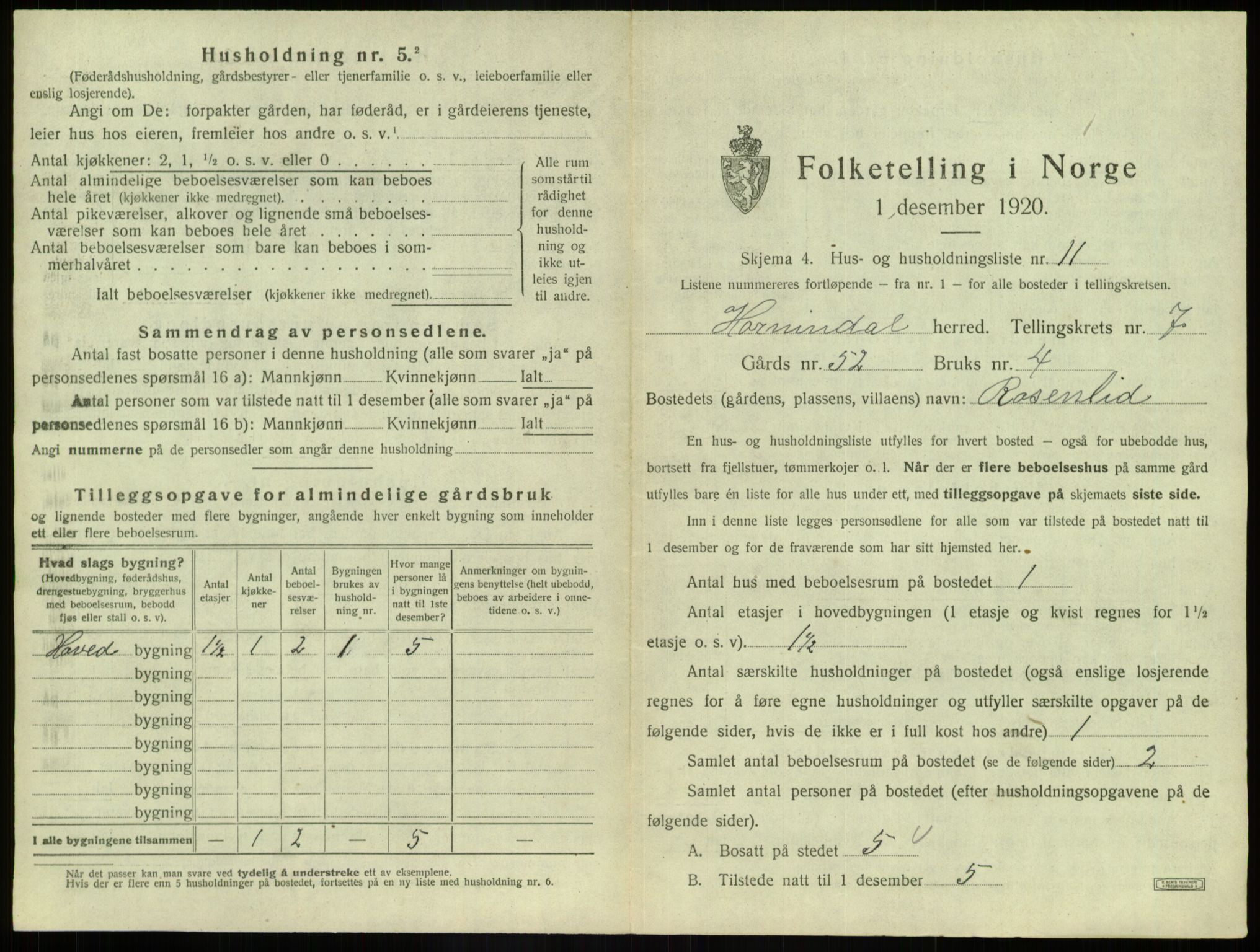 SAB, 1920 census for Hornindal, 1920, p. 493