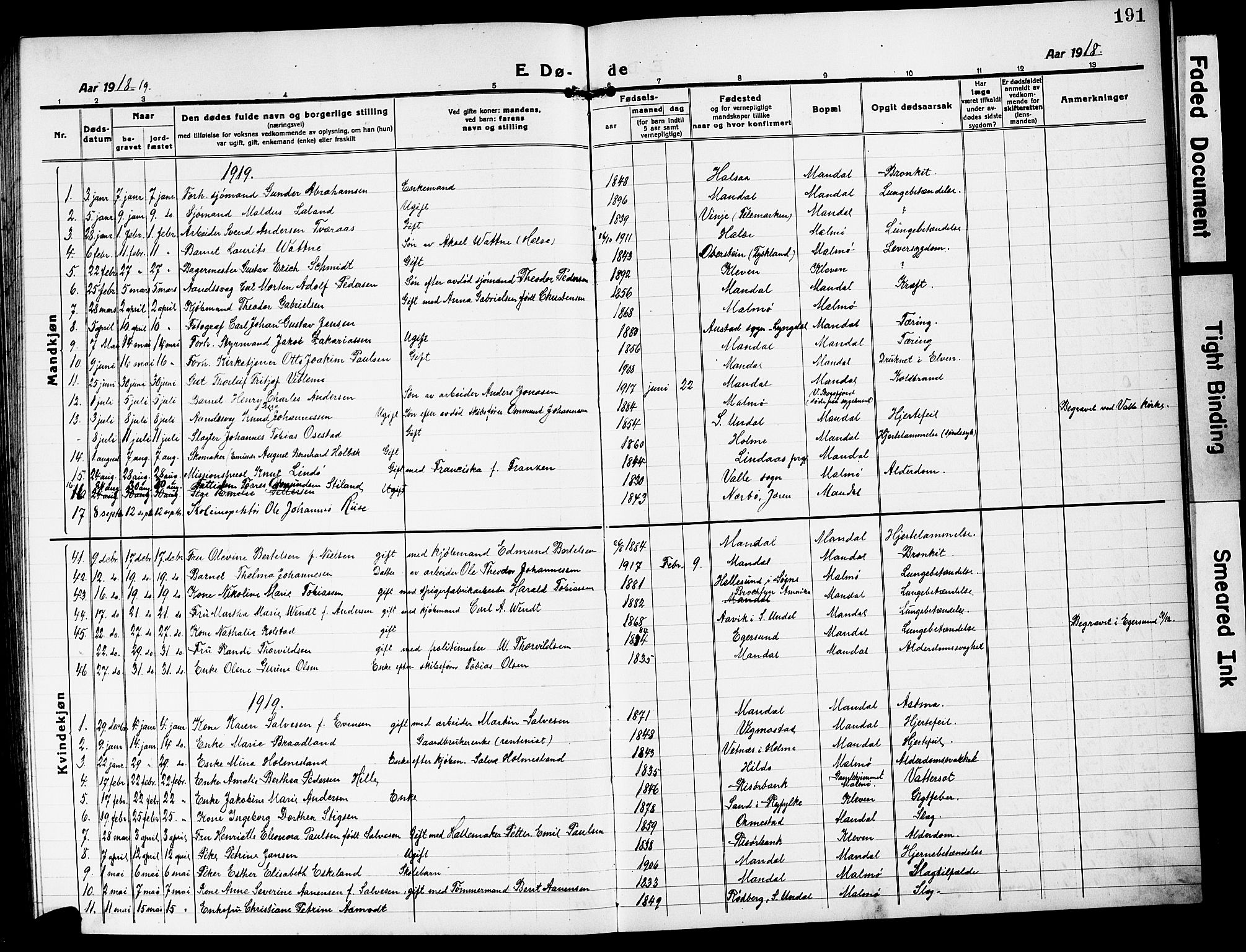 Mandal sokneprestkontor, SAK/1111-0030/F/Fb/Fbc/L0001: Parish register (copy) no. B 1, 1918-1931, p. 191