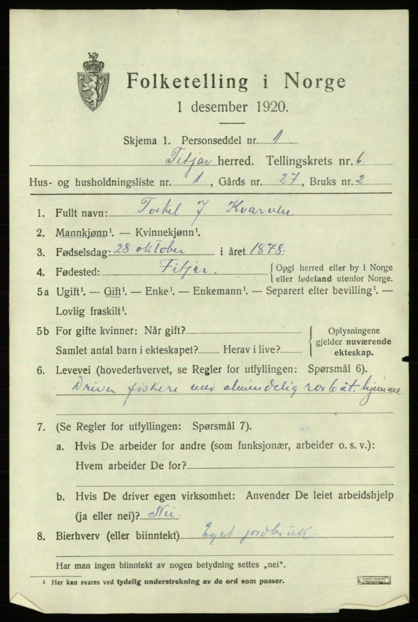 SAB, 1920 census for Fitjar, 1920, p. 2752