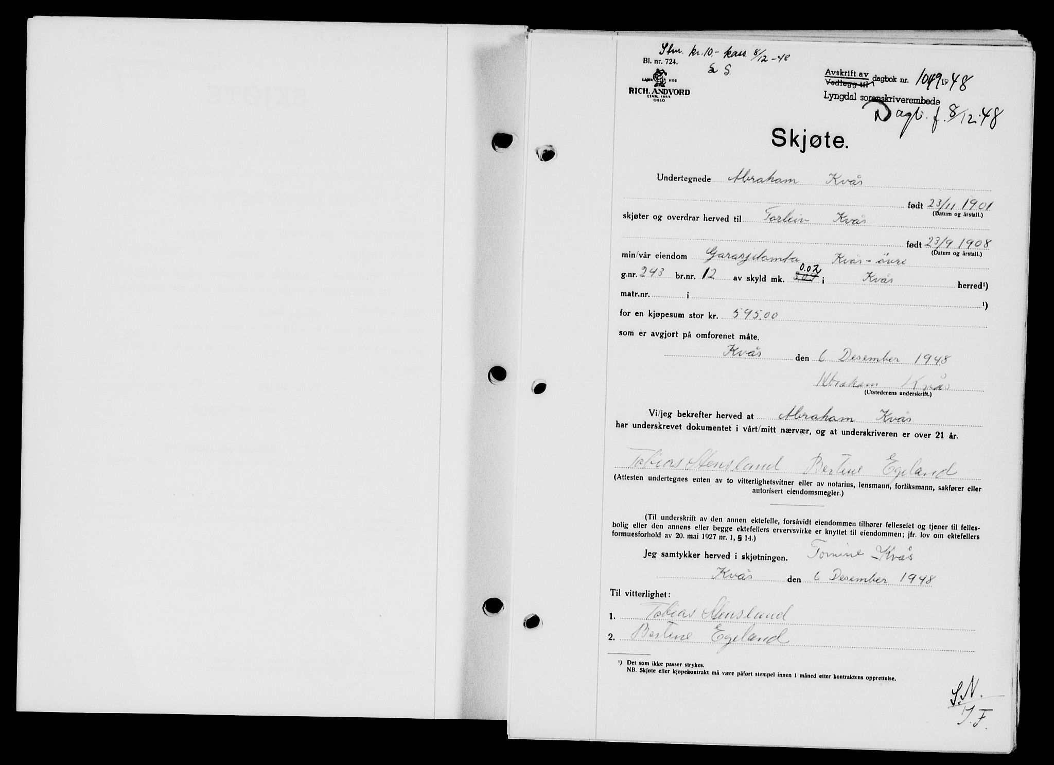 Lyngdal sorenskriveri, AV/SAK-1221-0004/G/Gb/L0663: Mortgage book no. A IX, 1948-1949, Diary no: : 1049/1948