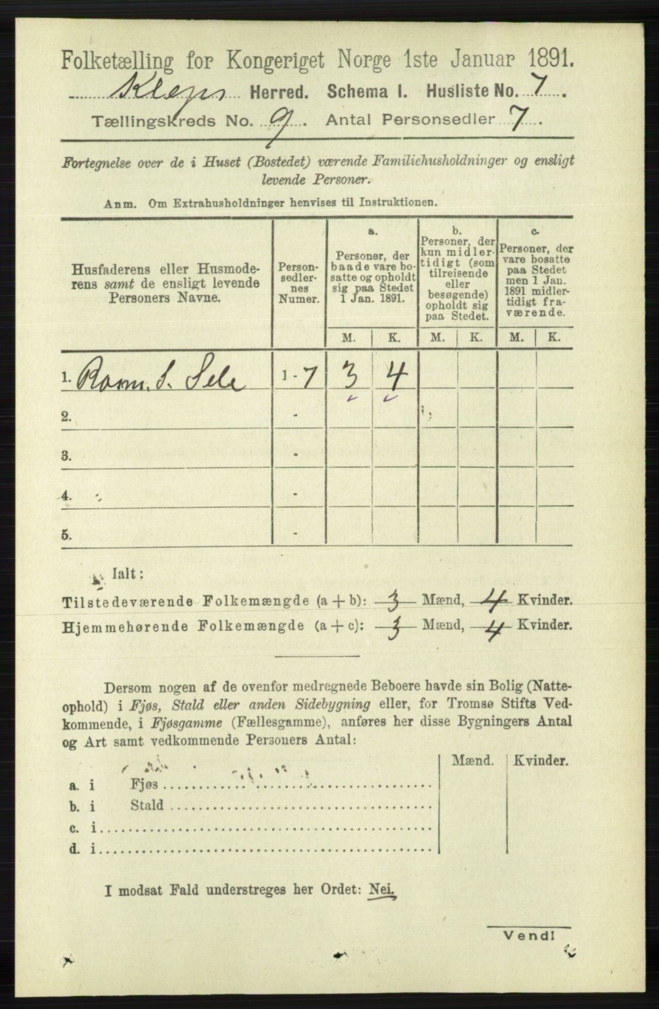 RA, 1891 census for 1120 Klepp, 1891, p. 2715