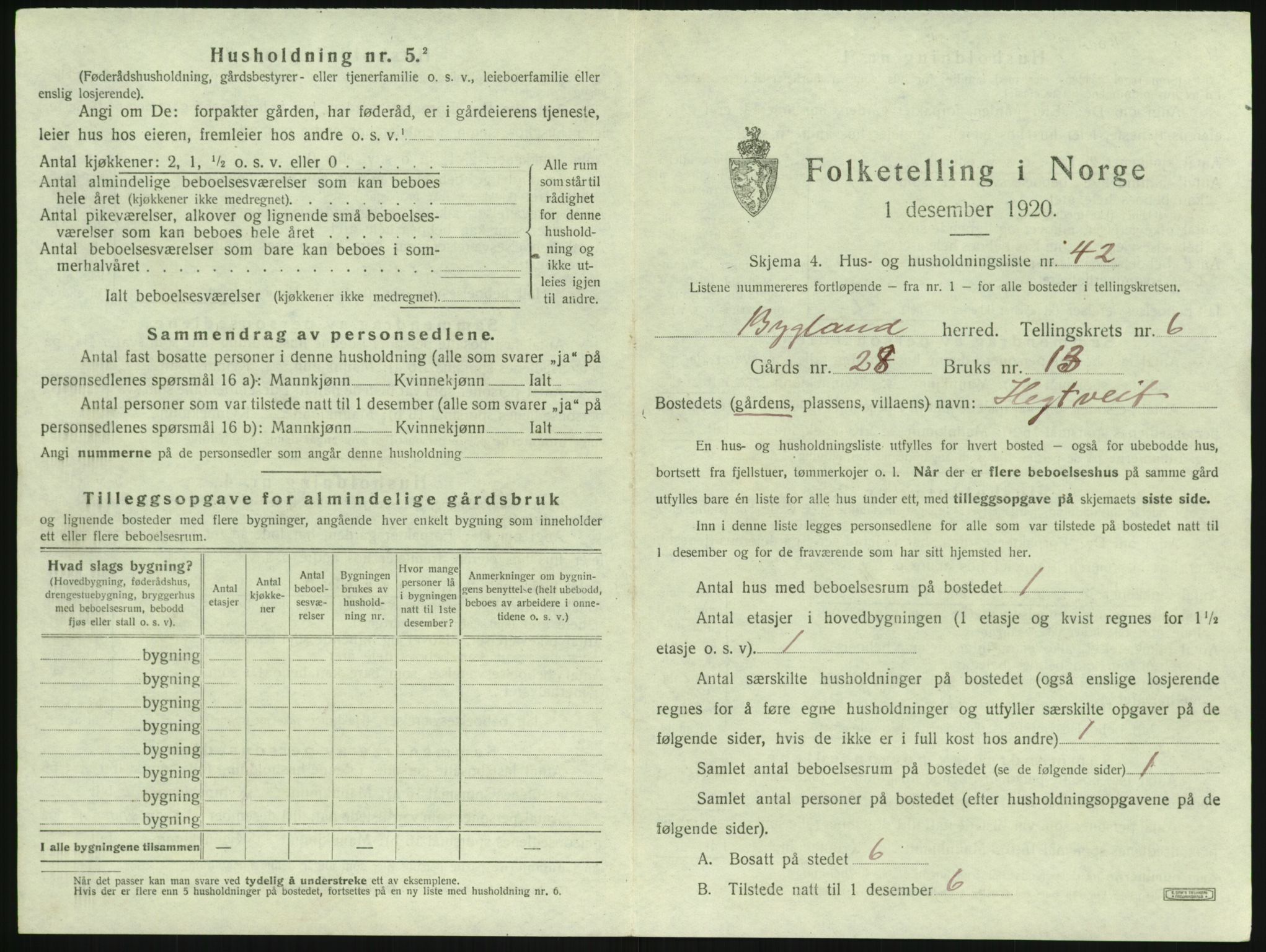 SAK, 1920 census for Bygland, 1920, p. 363