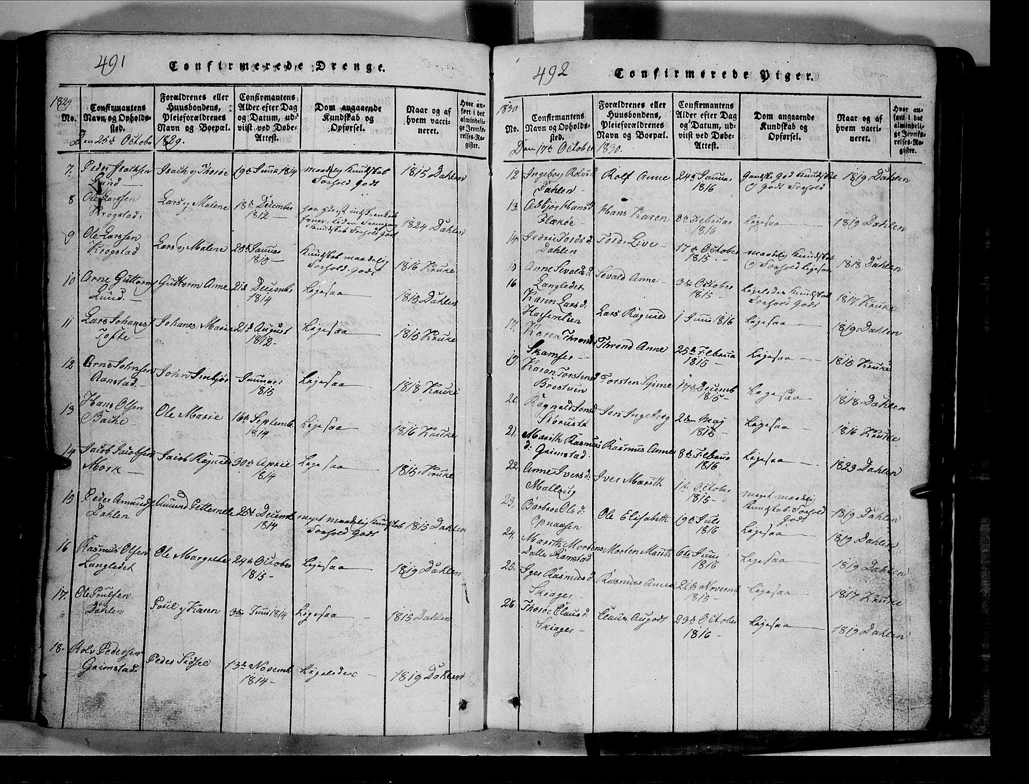 Lom prestekontor, SAH/PREST-070/L/L0003: Parish register (copy) no. 3, 1815-1844, p. 491-492