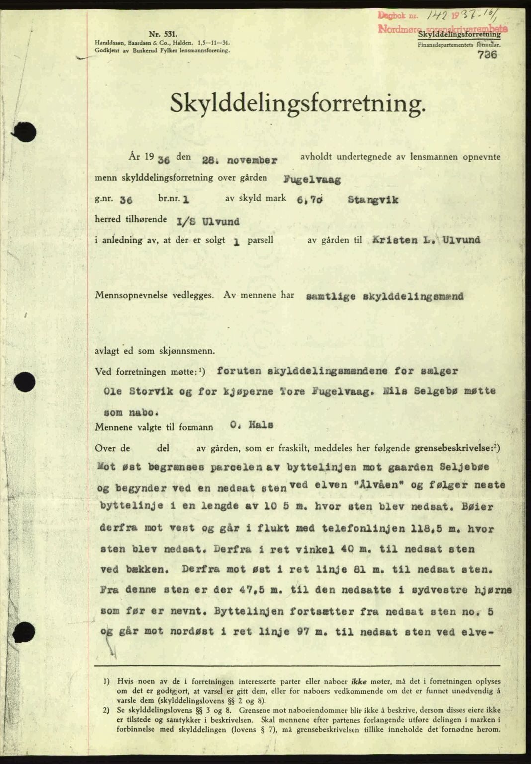 Nordmøre sorenskriveri, AV/SAT-A-4132/1/2/2Ca: Mortgage book no. A80, 1936-1937, Diary no: : 142/1937