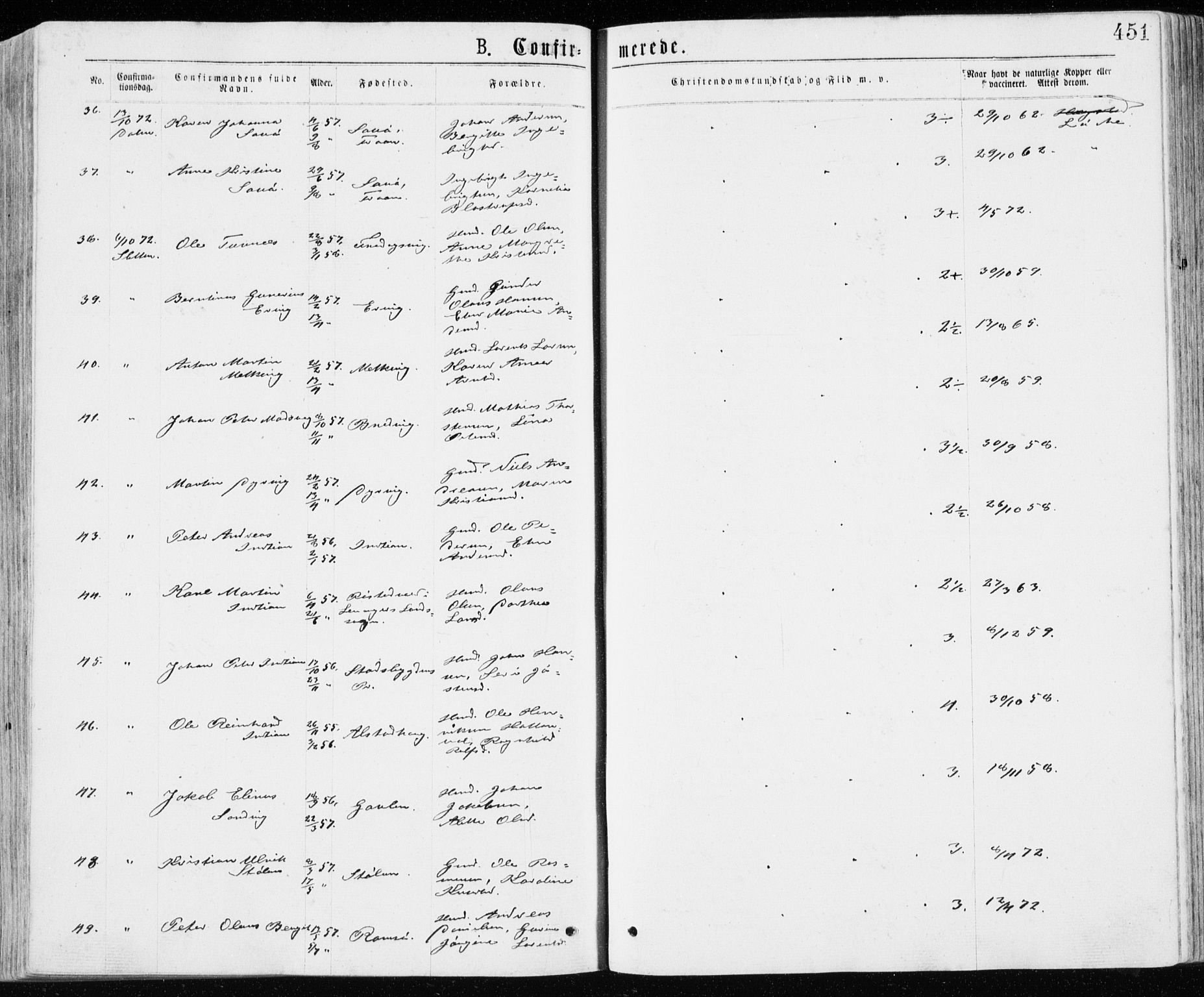 Ministerialprotokoller, klokkerbøker og fødselsregistre - Sør-Trøndelag, AV/SAT-A-1456/640/L0576: Parish register (official) no. 640A01, 1846-1876, p. 451