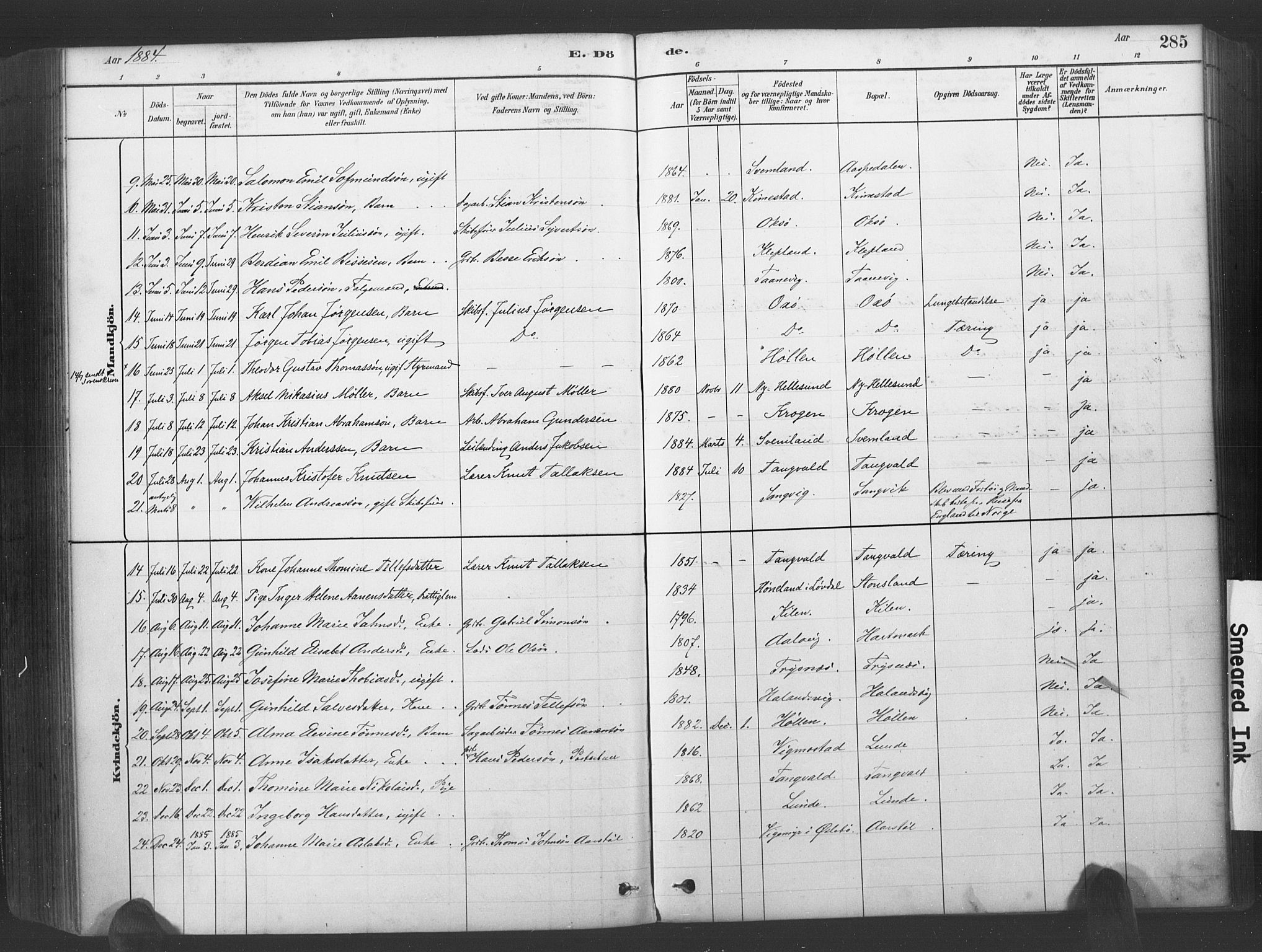 Søgne sokneprestkontor, SAK/1111-0037/F/Fa/Fab/L0012: Parish register (official) no. A 12, 1880-1891, p. 285