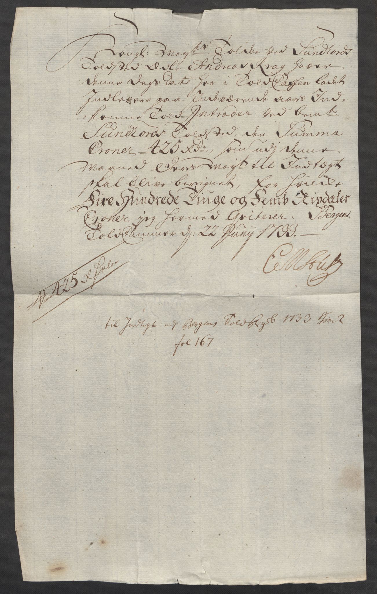 Generaltollkammeret, tollregnskaper, AV/RA-EA-5490/R24/L0009/0001: Tollregnskaper Sunnhordland / Hovedtollbok, 1733