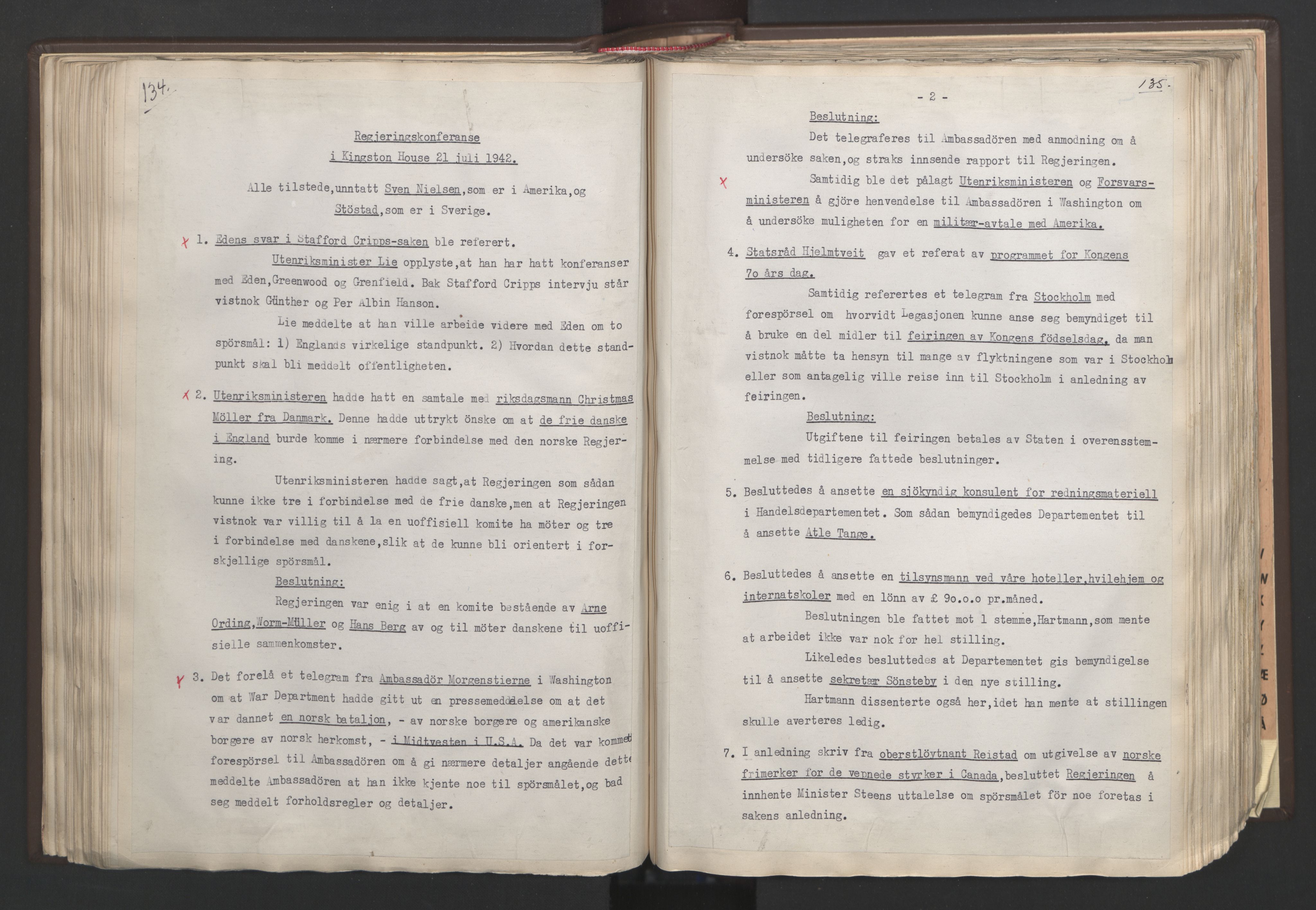 Statsministerens kontor, RA/S-1005/A/Aa/L0002: Referat fra regjeringskonferanser, 1942-1943, p. 134-135