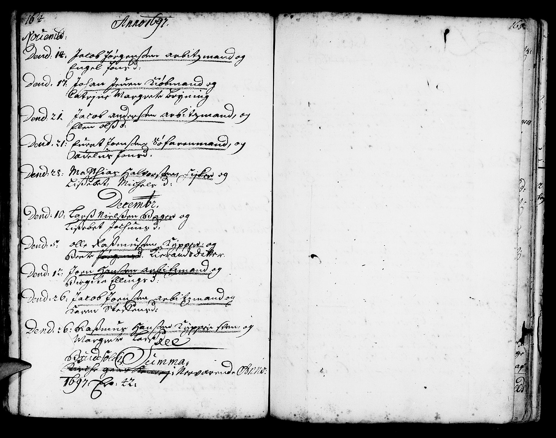 Korskirken sokneprestembete, AV/SAB-A-76101/H/Haa/L0002: Parish register (official) no. A 2, 1688-1697, p. 164-165