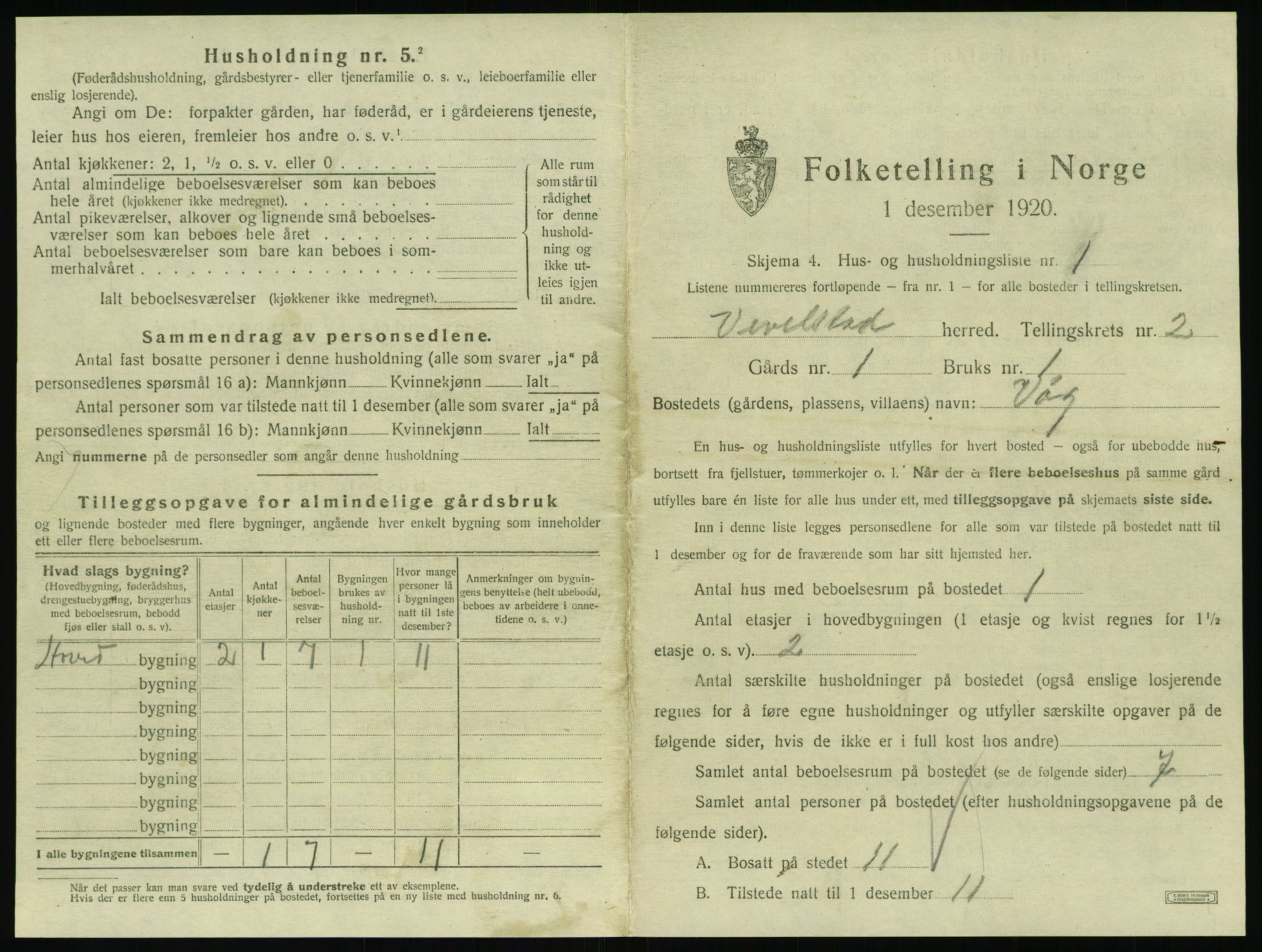 SAT, 1920 census for Vevelstad, 1920, p. 178