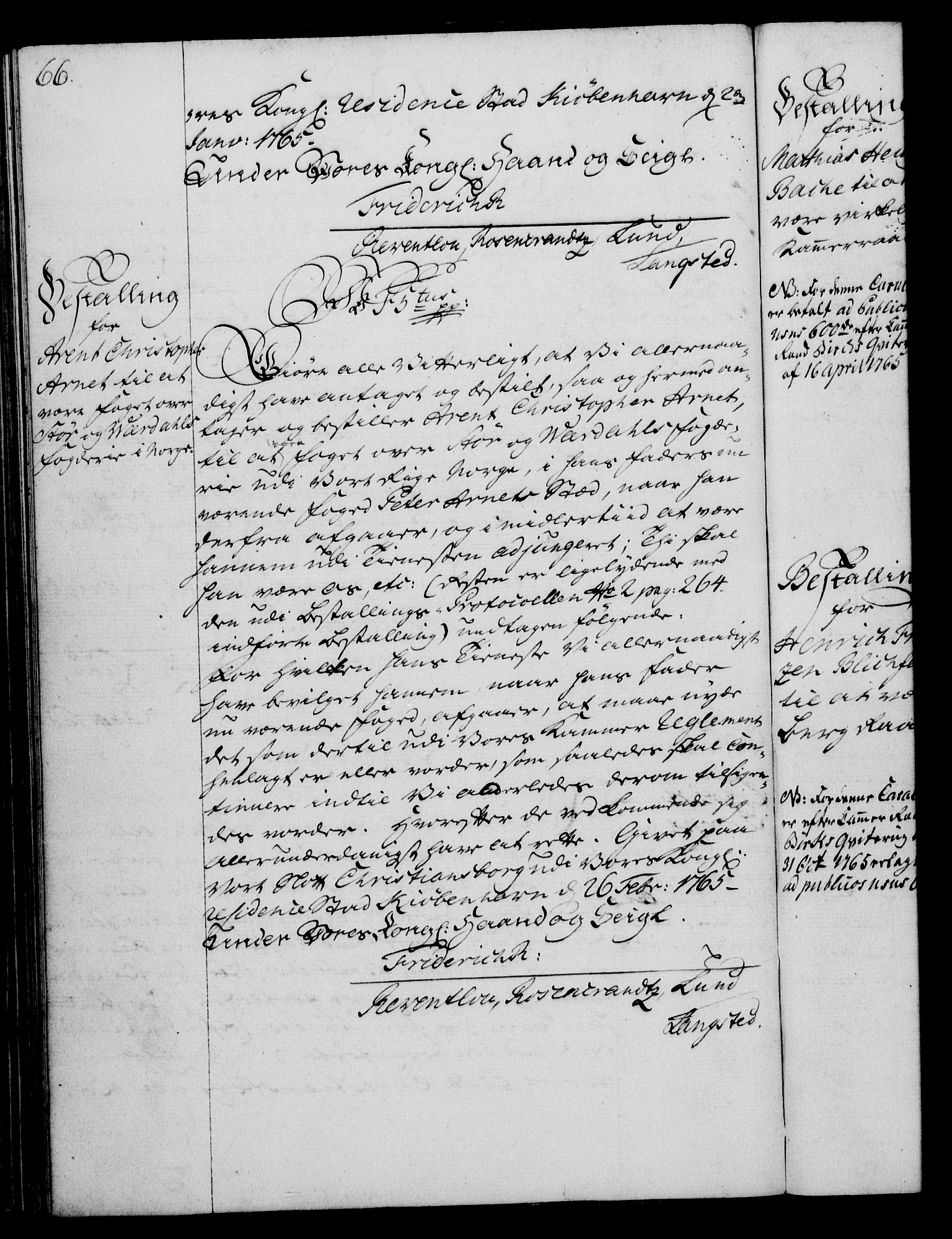 Rentekammeret, Kammerkanselliet, RA/EA-3111/G/Gg/Gge/L0004: Norsk bestallingsprotokoll med register (merket RK 53.28), 1762-1771, p. 66