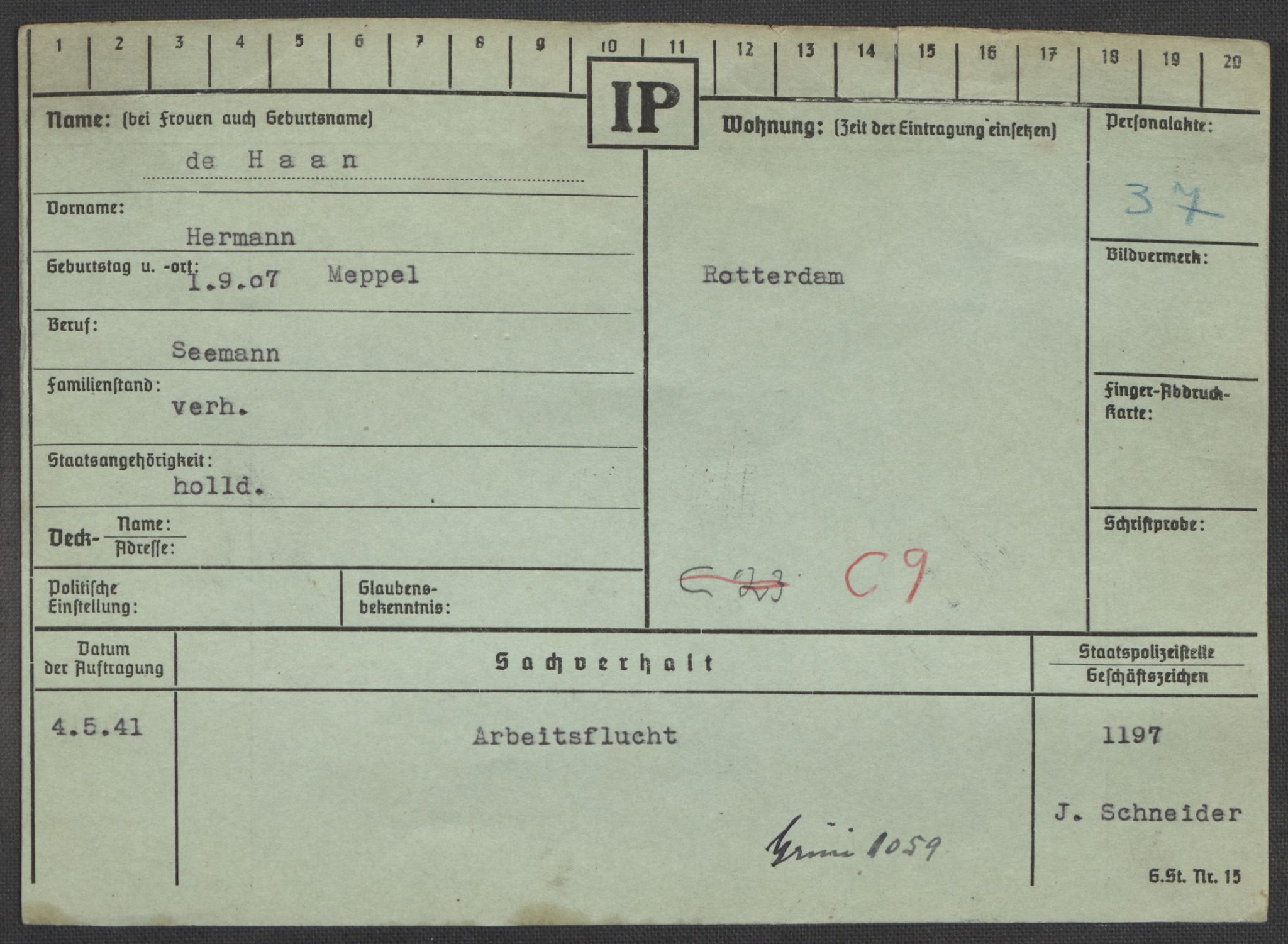 Befehlshaber der Sicherheitspolizei und des SD, RA/RAFA-5969/E/Ea/Eaa/L0003: Register over norske fanger i Møllergata 19: Eng-Hag, 1940-1945, p. 1370