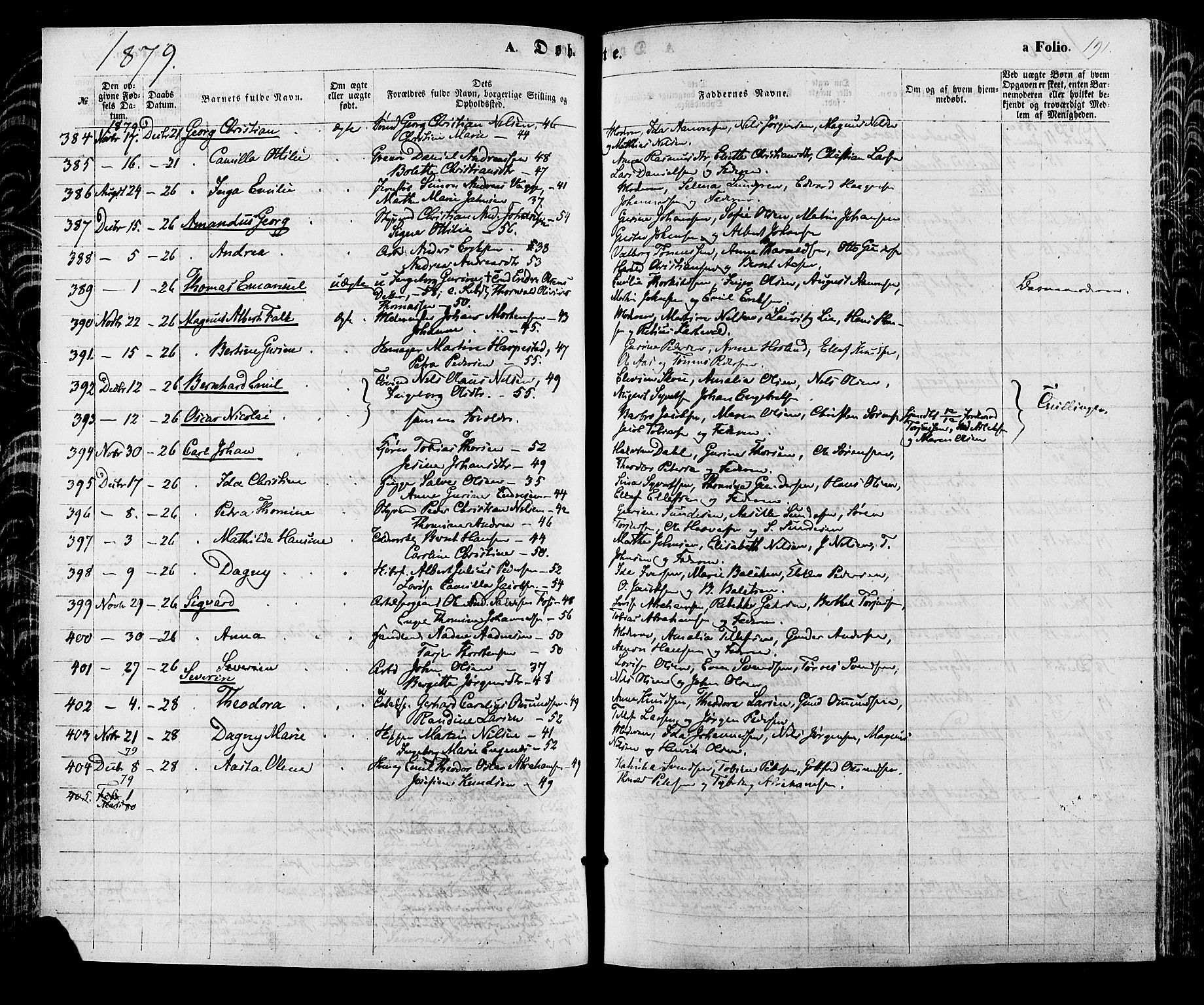 Kristiansand domprosti, AV/SAK-1112-0006/F/Fa/L0015: Parish register (official) no. A 15, 1867-1880, p. 191