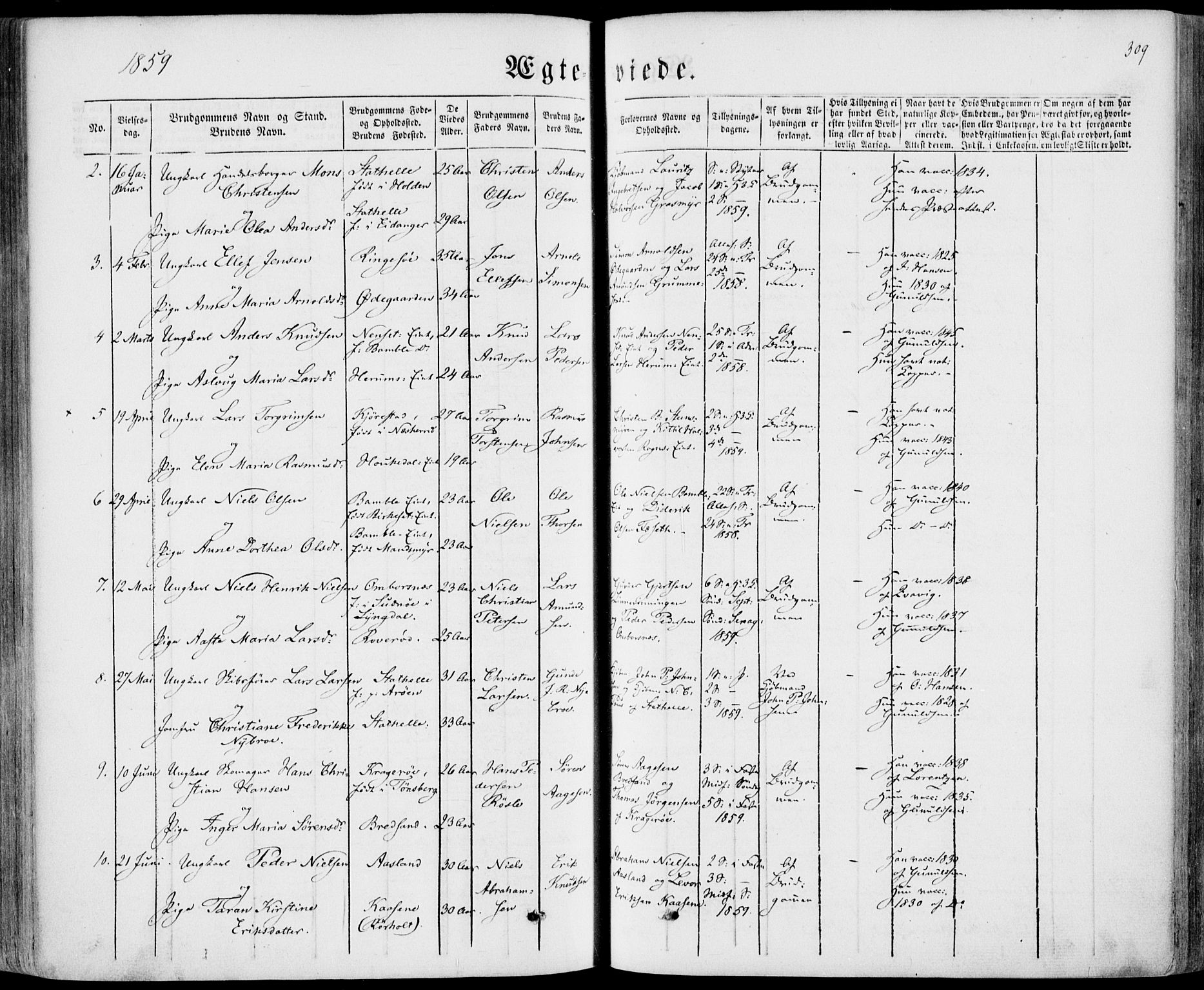 Bamble kirkebøker, SAKO/A-253/F/Fa/L0005: Parish register (official) no. I 5, 1854-1869, p. 309