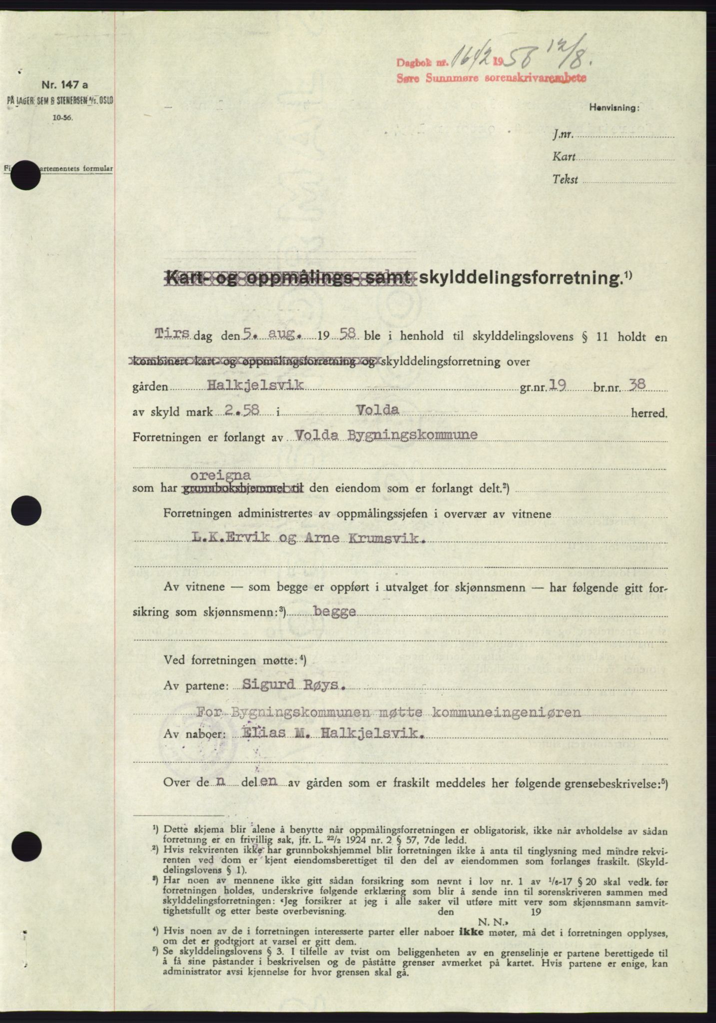 Søre Sunnmøre sorenskriveri, AV/SAT-A-4122/1/2/2C/L0110: Mortgage book no. 36A, 1958-1958, Diary no: : 1642/1958