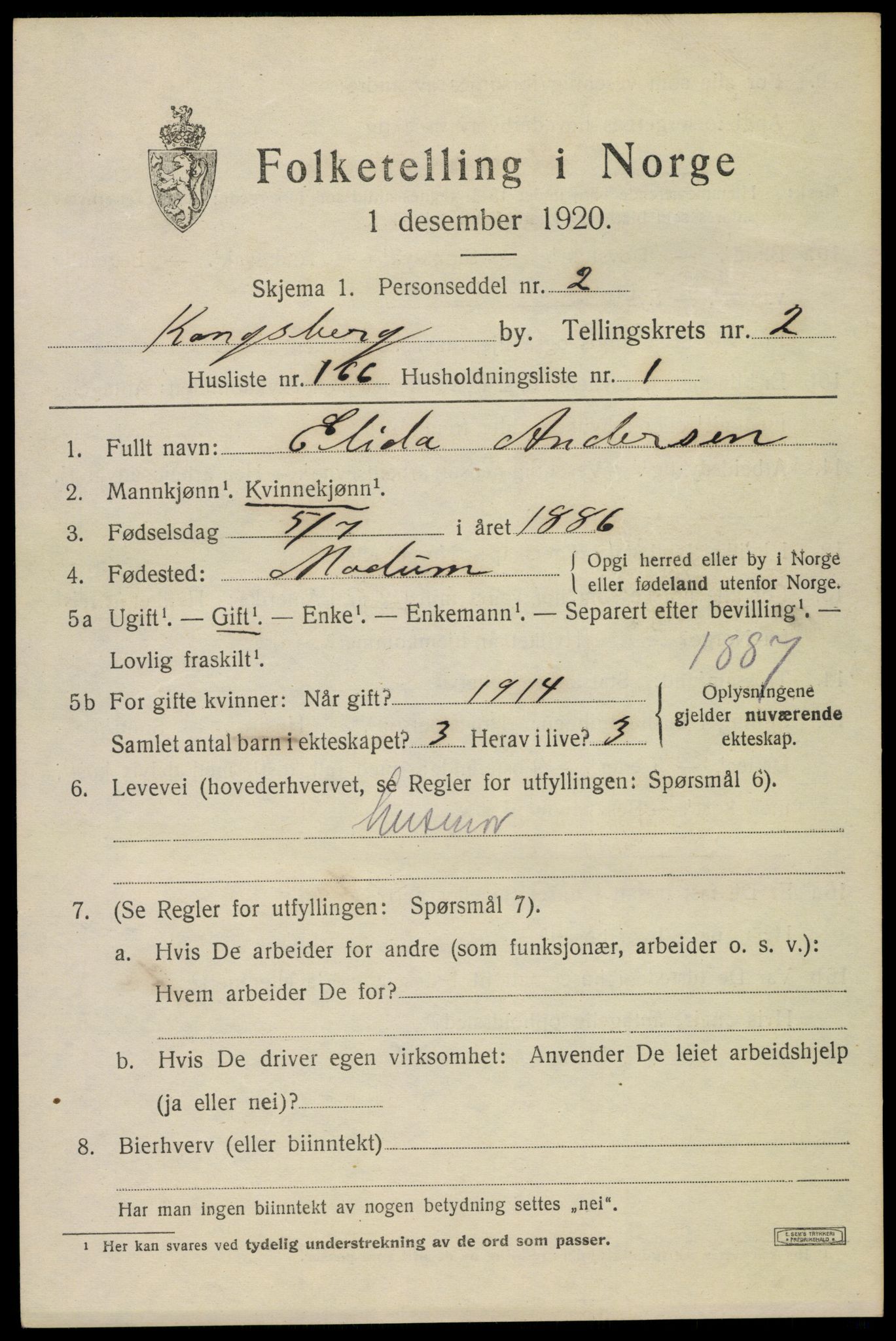 SAKO, 1920 census for Kongsberg, 1920, p. 9192