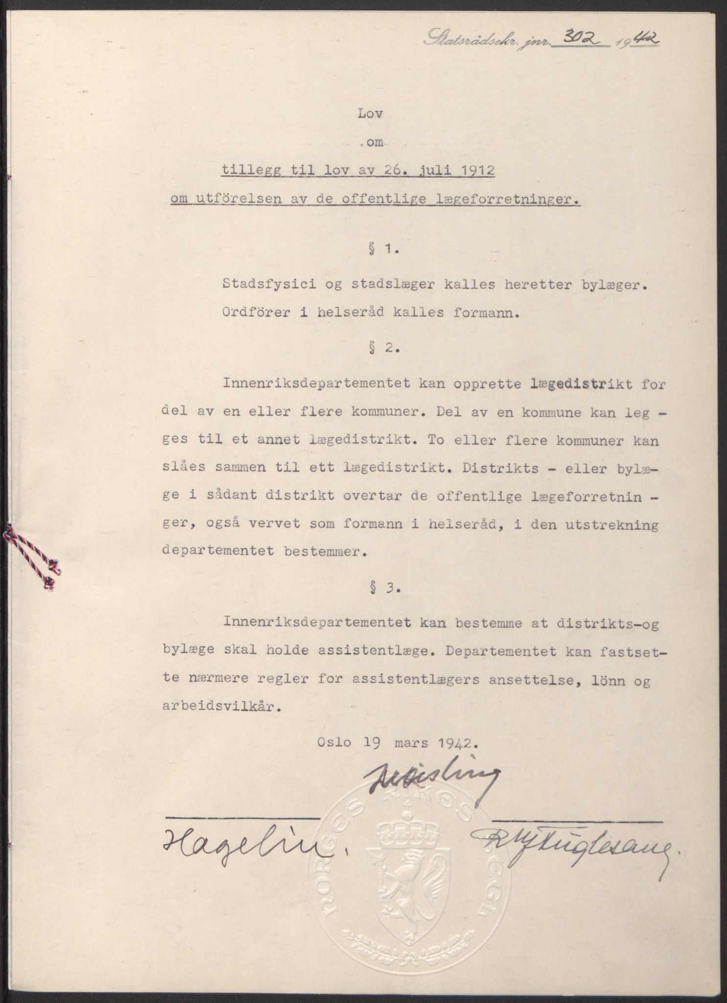 NS-administrasjonen 1940-1945 (Statsrådsekretariatet, de kommisariske statsråder mm), RA/S-4279/D/Db/L0097: Lover I, 1942, p. 183