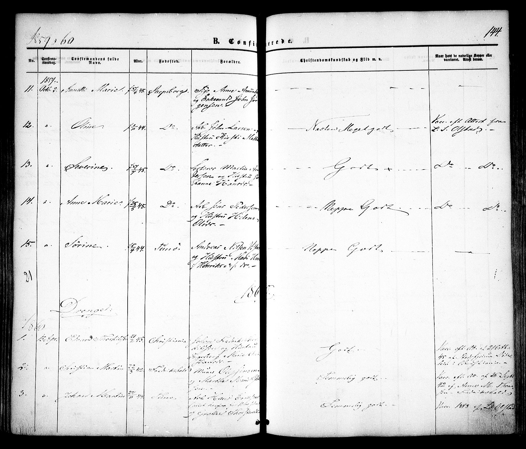 Sarpsborg prestekontor Kirkebøker, SAO/A-2006/F/Fa/L0001: Parish register (official) no. 1, 1859-1868, p. 144