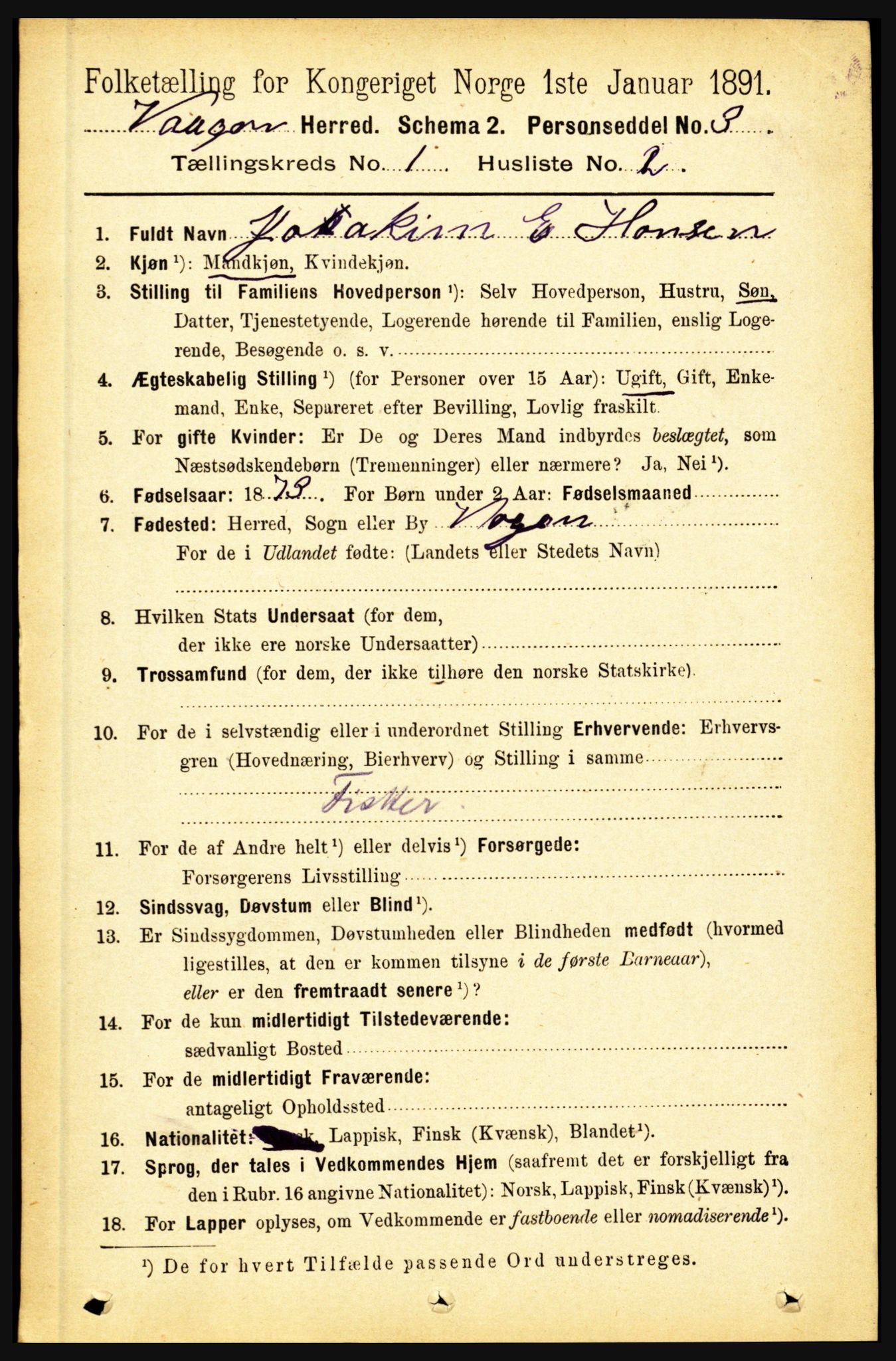 RA, 1891 census for 1865 Vågan, 1891, p. 105