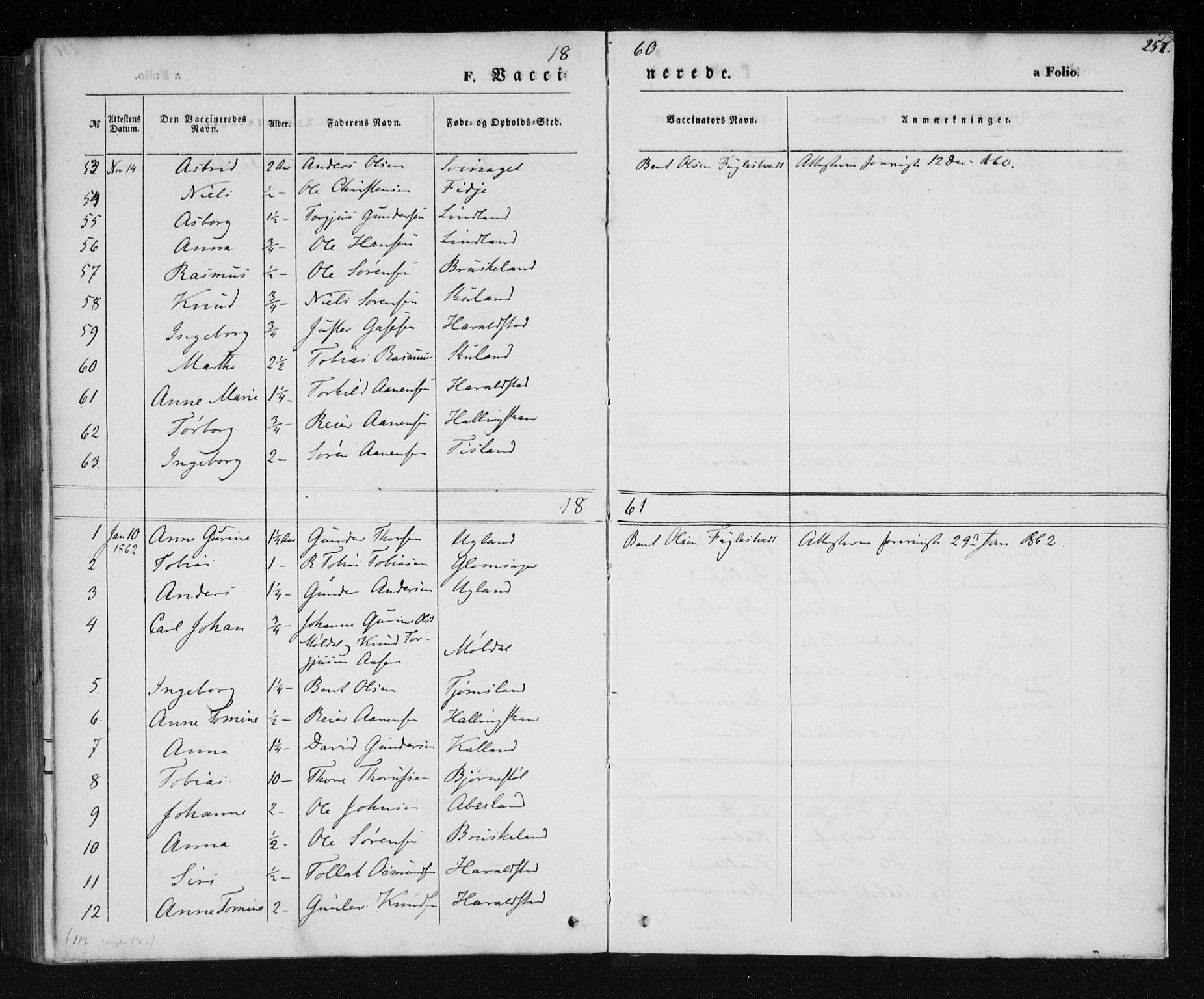 Holum sokneprestkontor, AV/SAK-1111-0022/F/Fa/Fab/L0005: Parish register (official) no. A 5, 1847-1874, p. 257