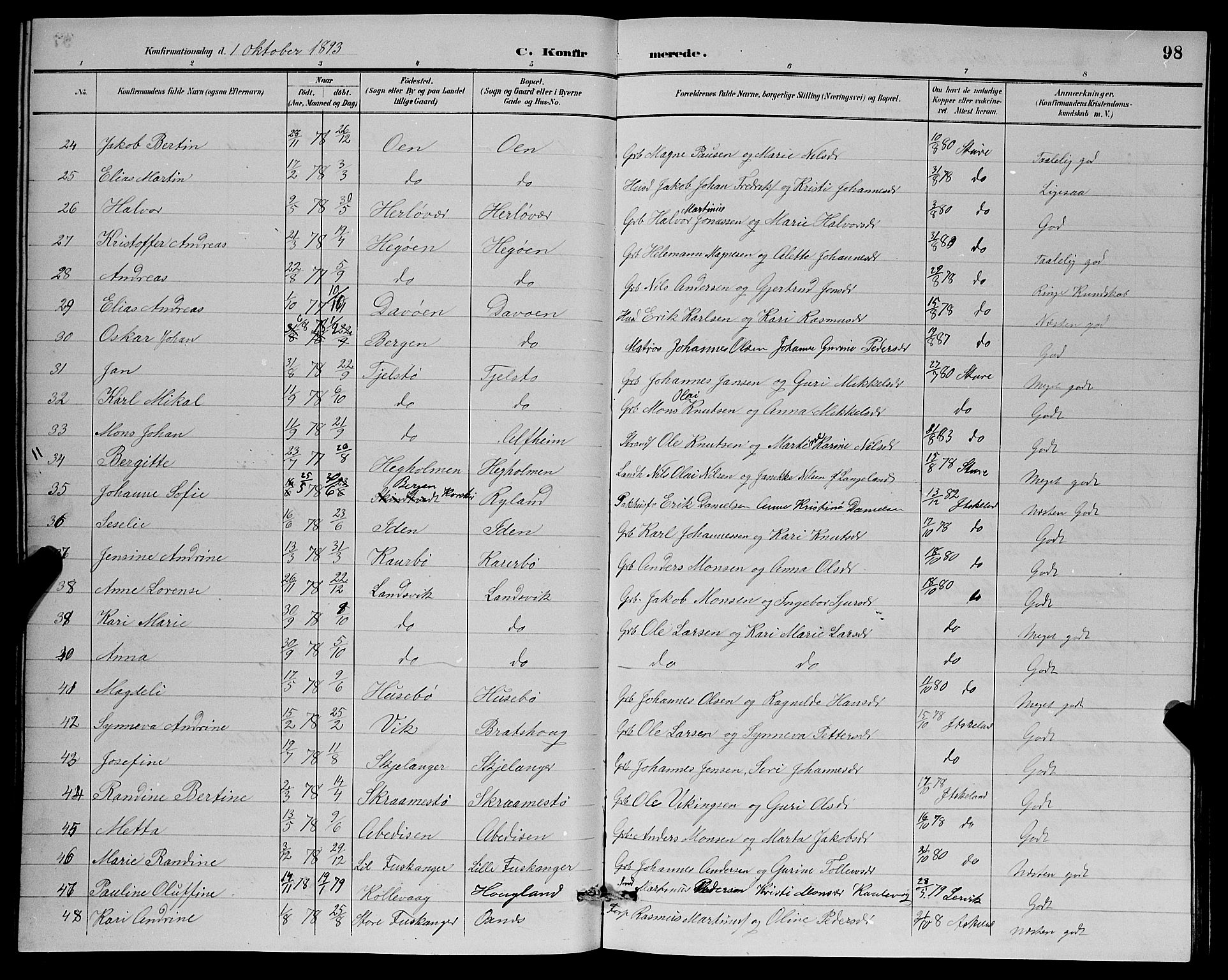 Herdla Sokneprestembete, SAB/A-75701/H/Hab: Parish register (copy) no. A 3, 1889-1899, p. 98