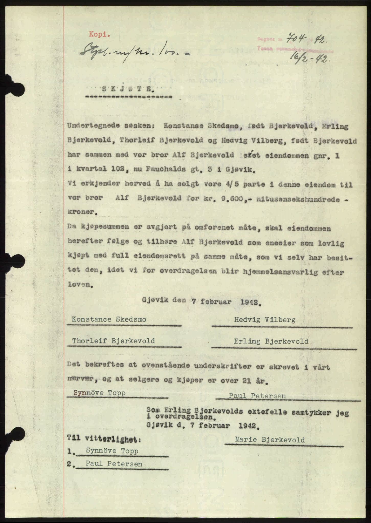 Toten tingrett, AV/SAH-TING-006/H/Hb/Hbc/L0009: Mortgage book no. Hbc-09, 1942-1942, Diary no: : 704/1942