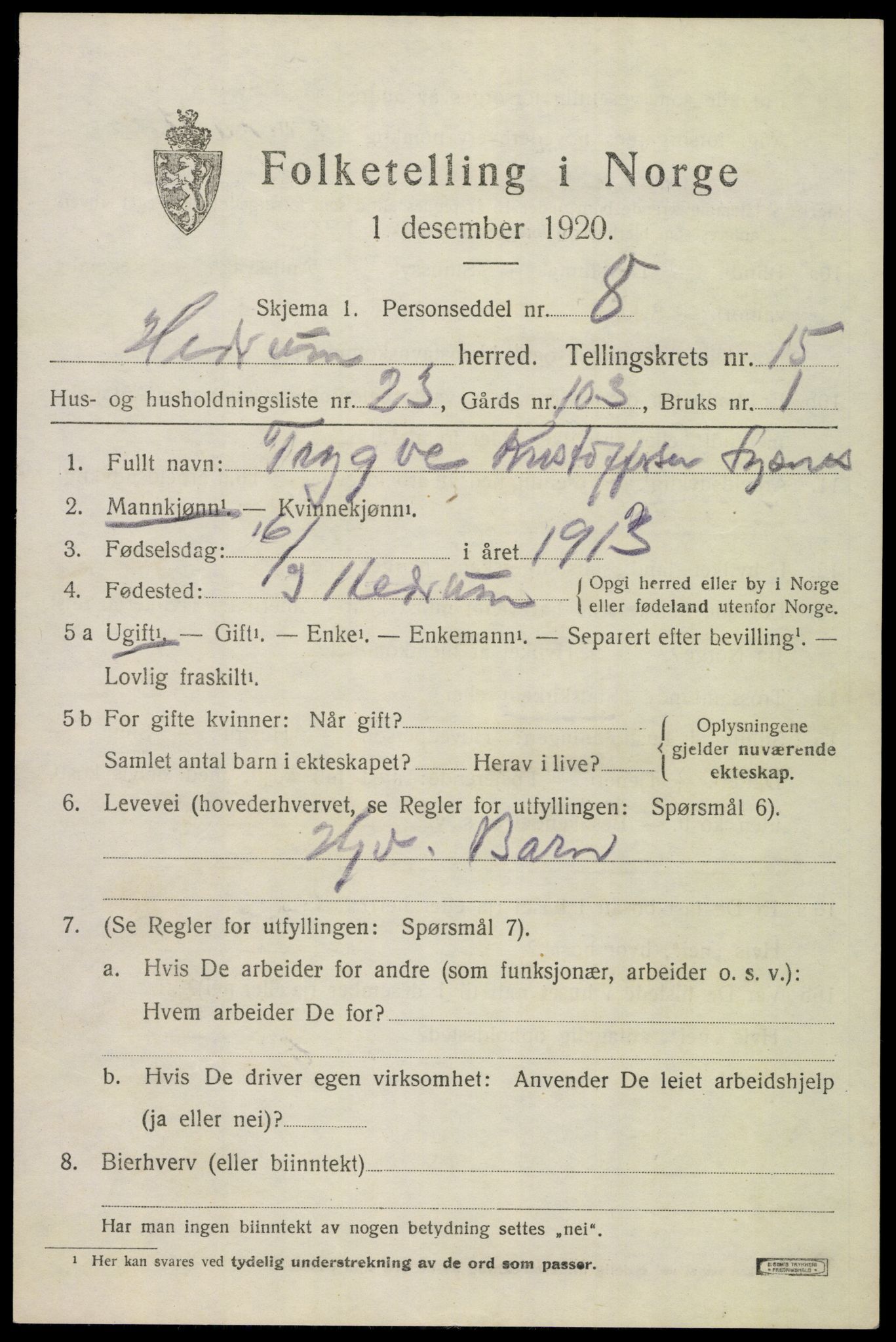 SAKO, 1920 census for Hedrum, 1920, p. 10213