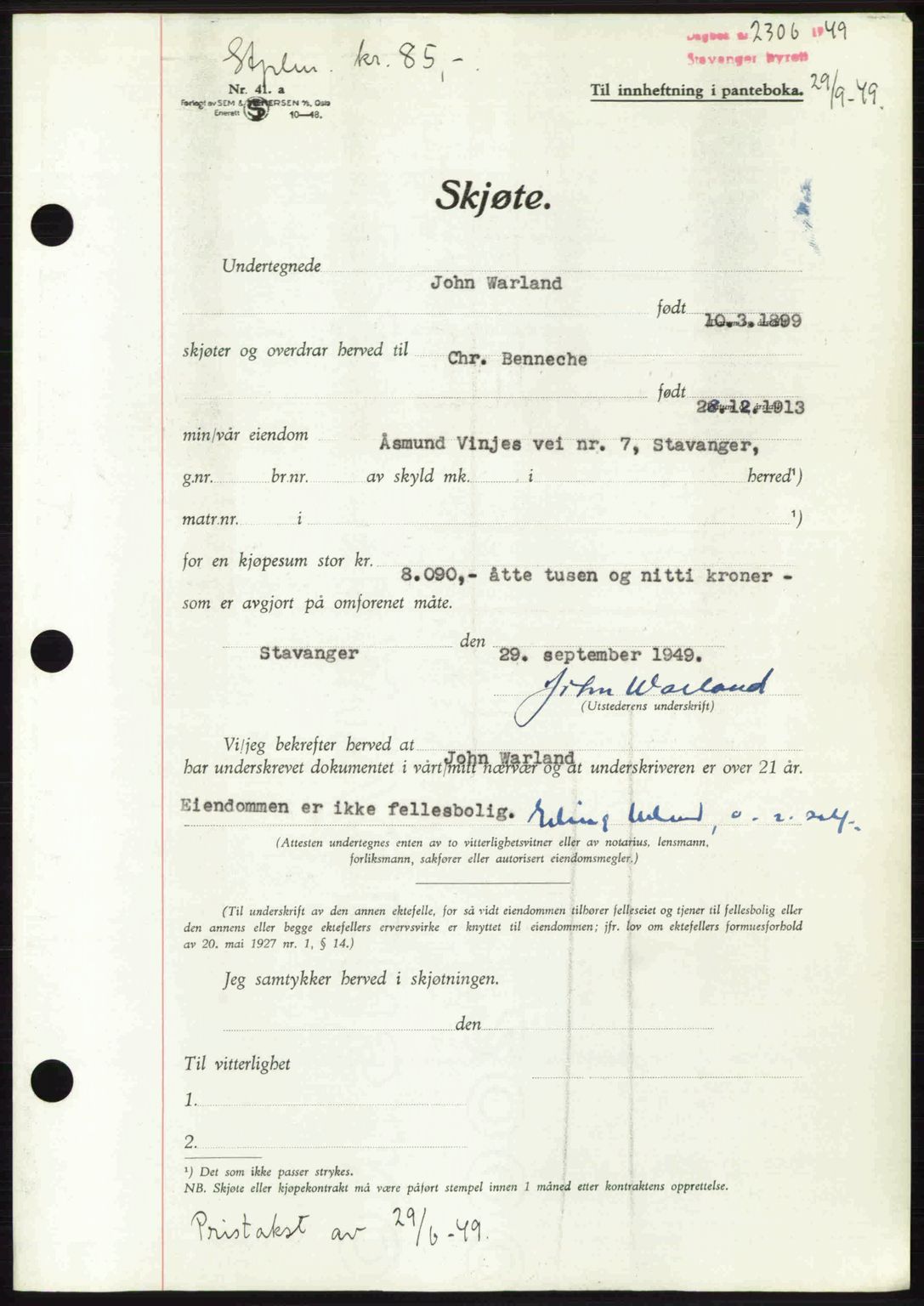 Stavanger byrett, SAST/A-100455/002/G/Gb/L0023: Mortgage book no. A12, 1948-1949, Diary no: : 2306/1949