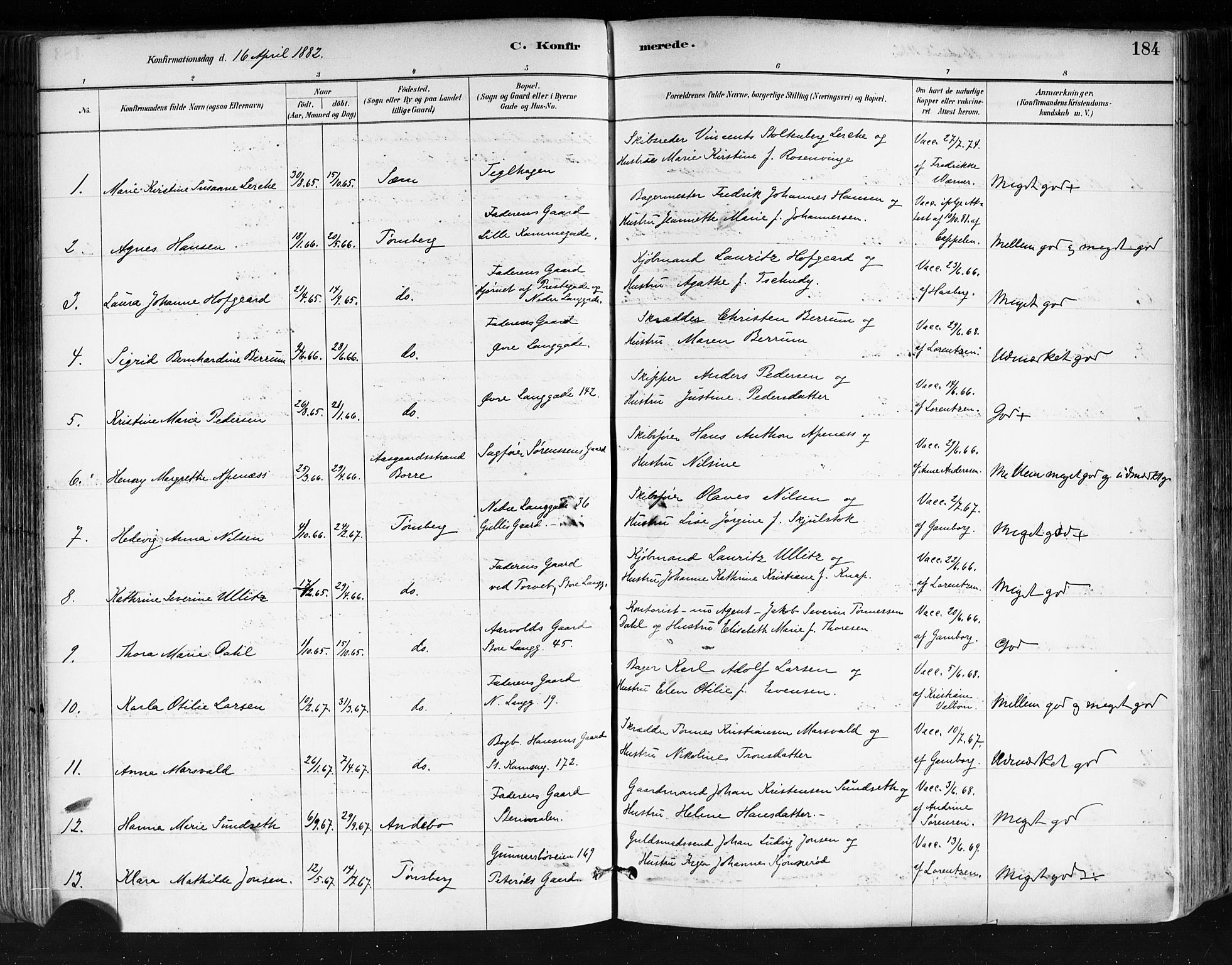 Tønsberg kirkebøker, AV/SAKO-A-330/F/Fa/L0011: Parish register (official) no. I 11, 1881-1890, p. 184