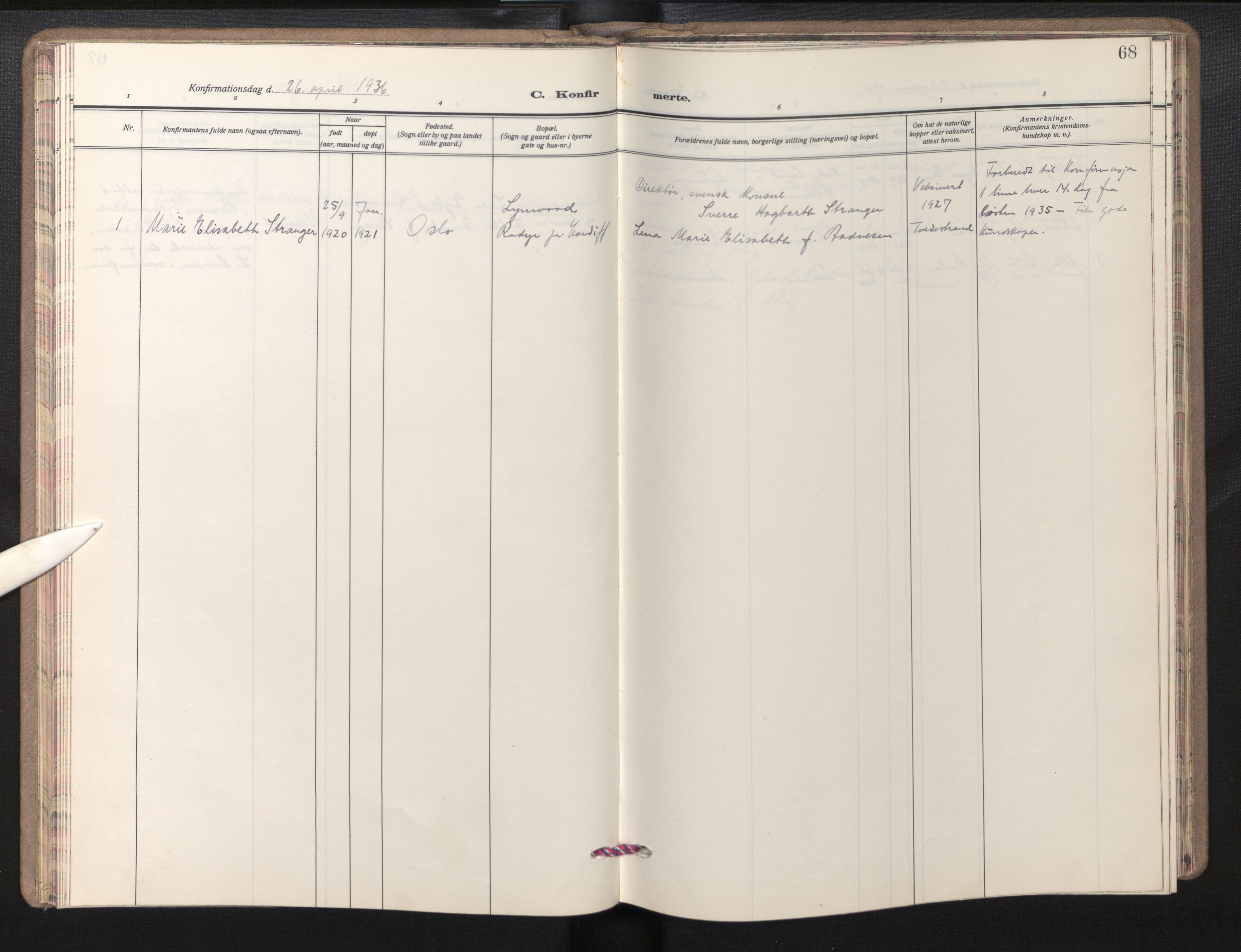 Den norske sjømannsmisjon i utlandet/Bristolhavnene(Cardiff-Swansea), SAB/SAB/PA-0102/H/Ha/Haa/L0003: Parish register (official) no. A 3, 1932-1966, p. 67b-68a