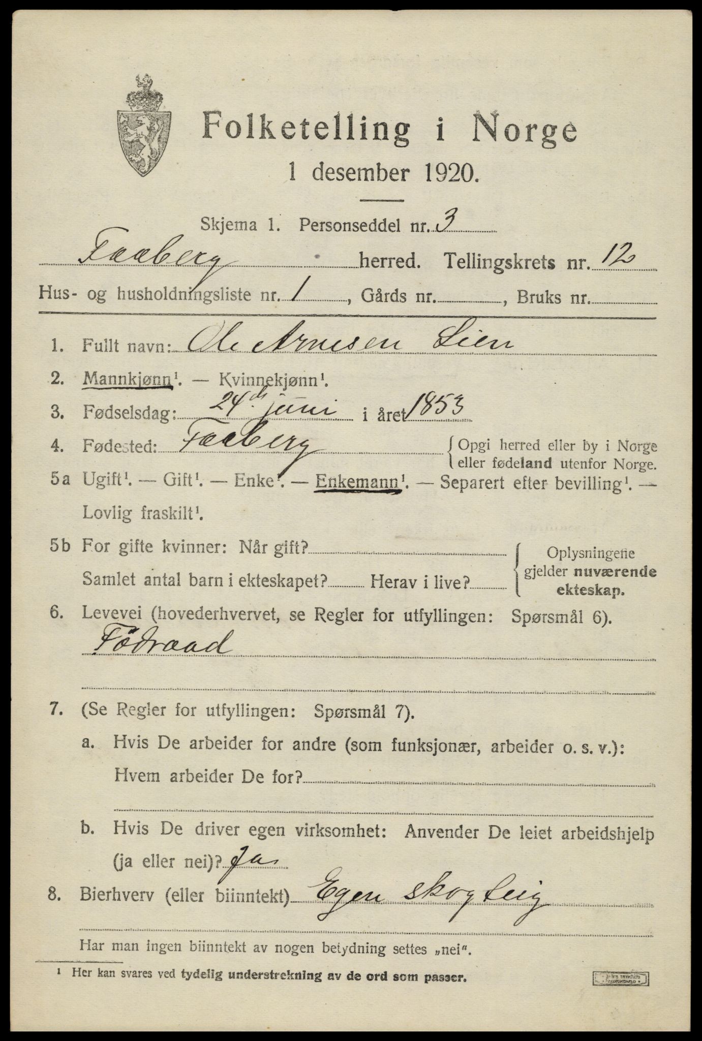 SAH, 1920 census for Fåberg, 1920, p. 12724