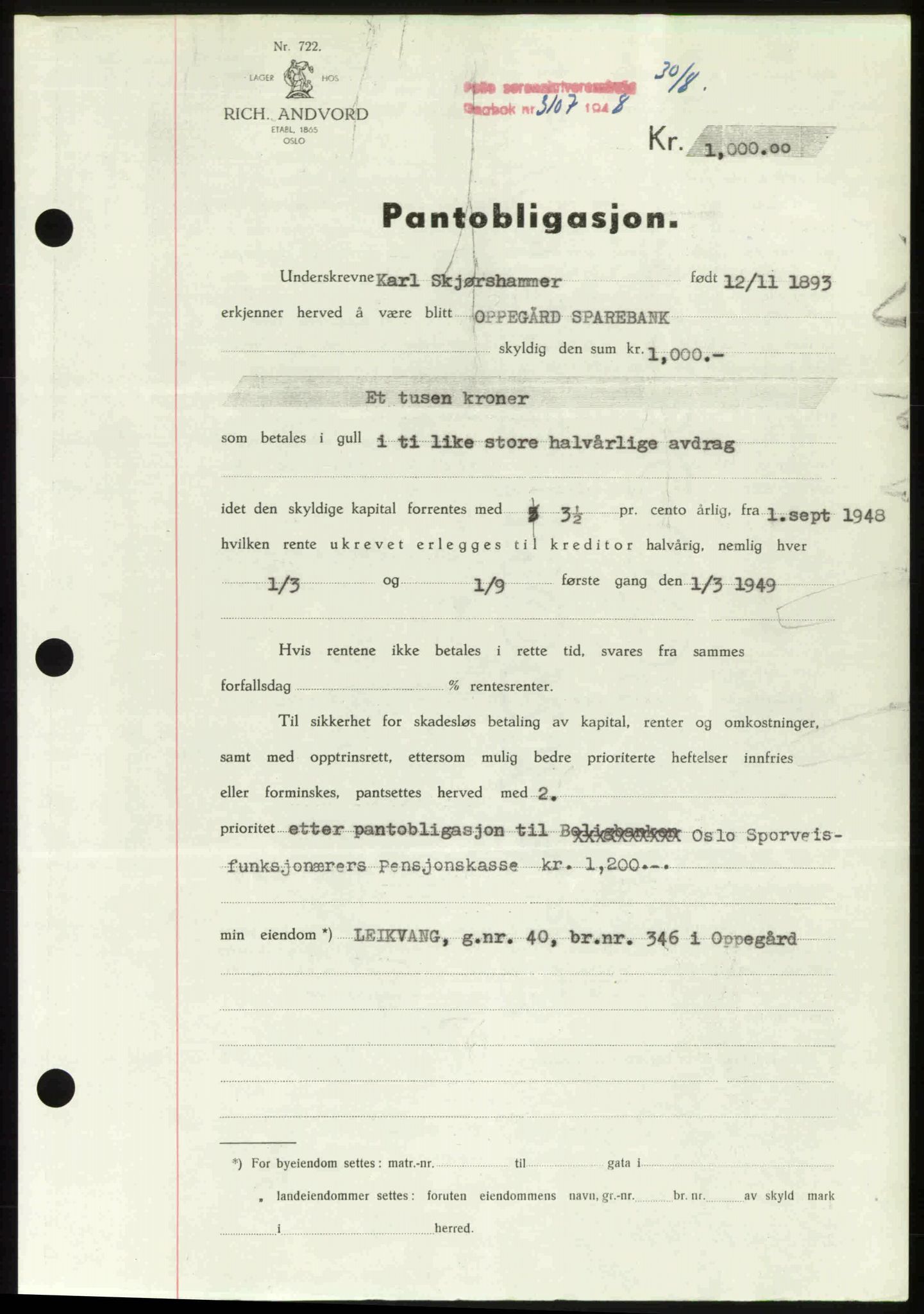 Follo sorenskriveri, SAO/A-10274/G/Ga/Gaa/L0085: Mortgage book no. I 85, 1948-1948, Diary no: : 3107/1948