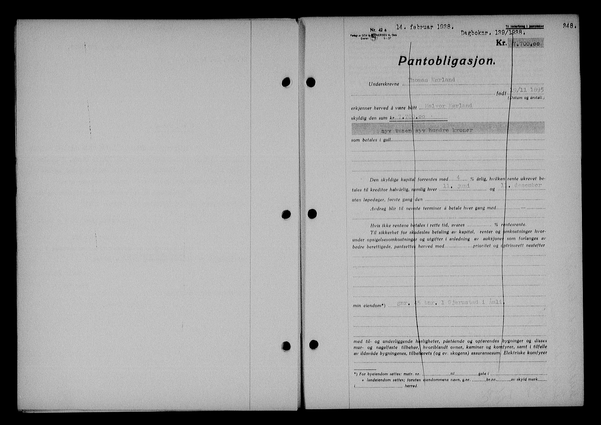 Nedenes sorenskriveri, SAK/1221-0006/G/Gb/Gba/L0044: Mortgage book no. 40, 1937-1938, Diary no: : 139/1938