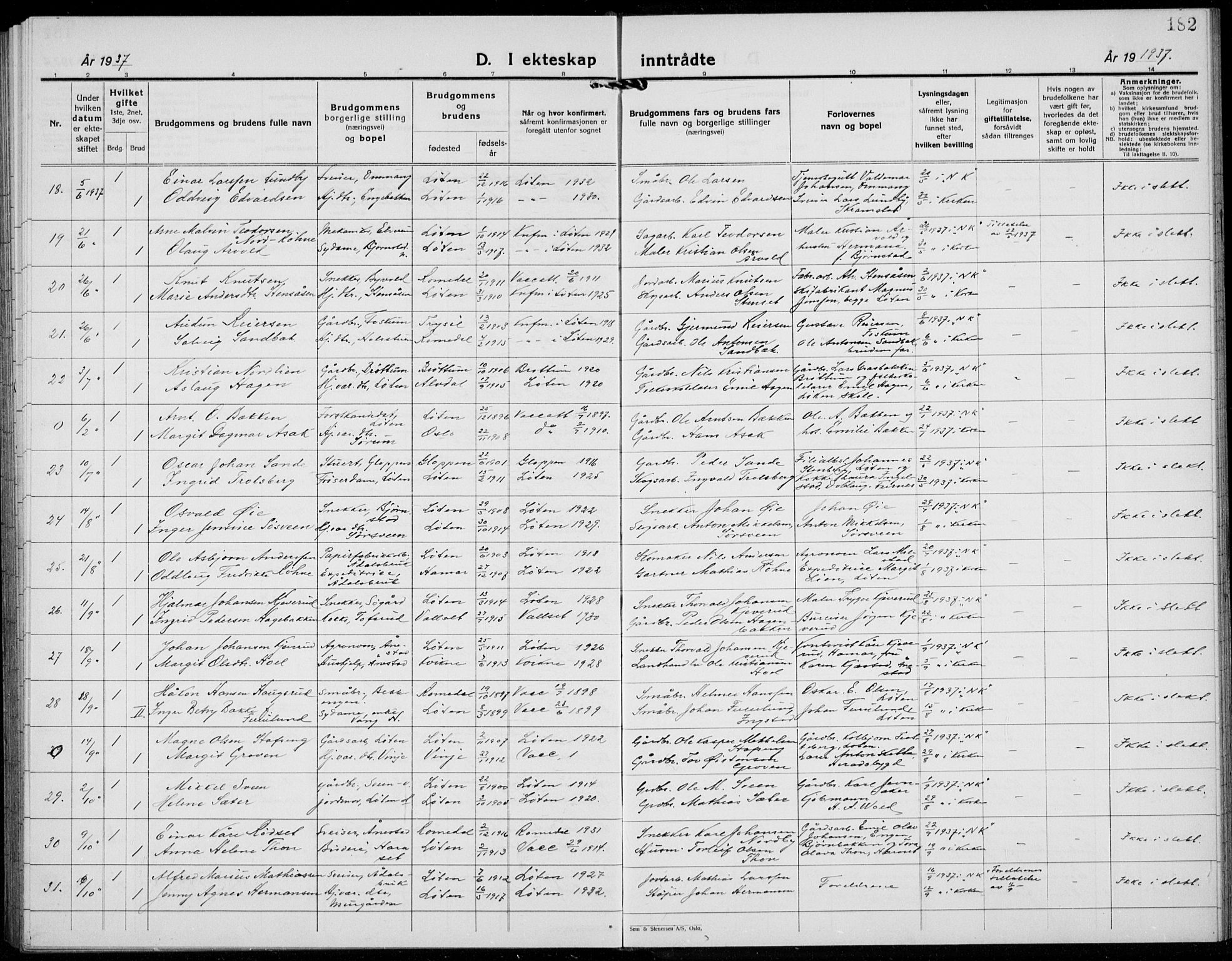 Løten prestekontor, AV/SAH-PREST-022/L/La/L0009: Parish register (copy) no. 9, 1930-1939, p. 182