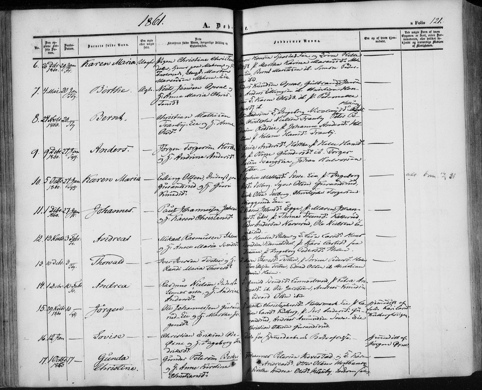 Lier kirkebøker, SAKO/A-230/F/Fa/L0012: Parish register (official) no. I 12, 1854-1864, p. 121