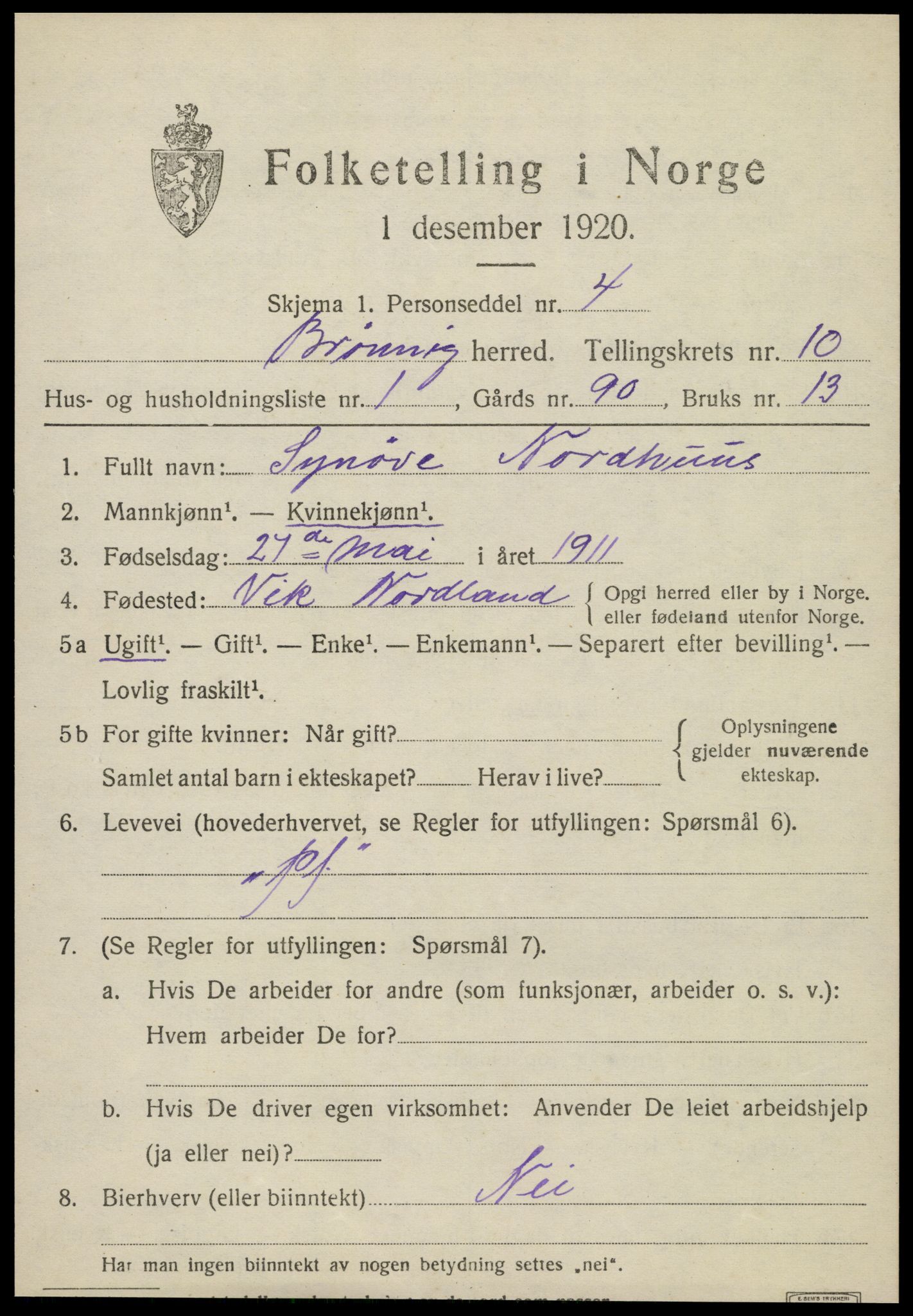 SAT, 1920 census for Brønnøy, 1920, p. 7590