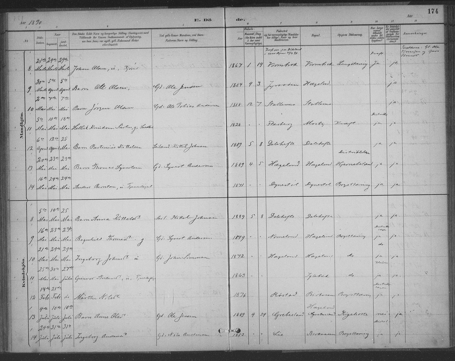 Vennesla sokneprestkontor, SAK/1111-0045/Fa/Fac/L0009: Parish register (official) no. A 9, 1884-1901, p. 174