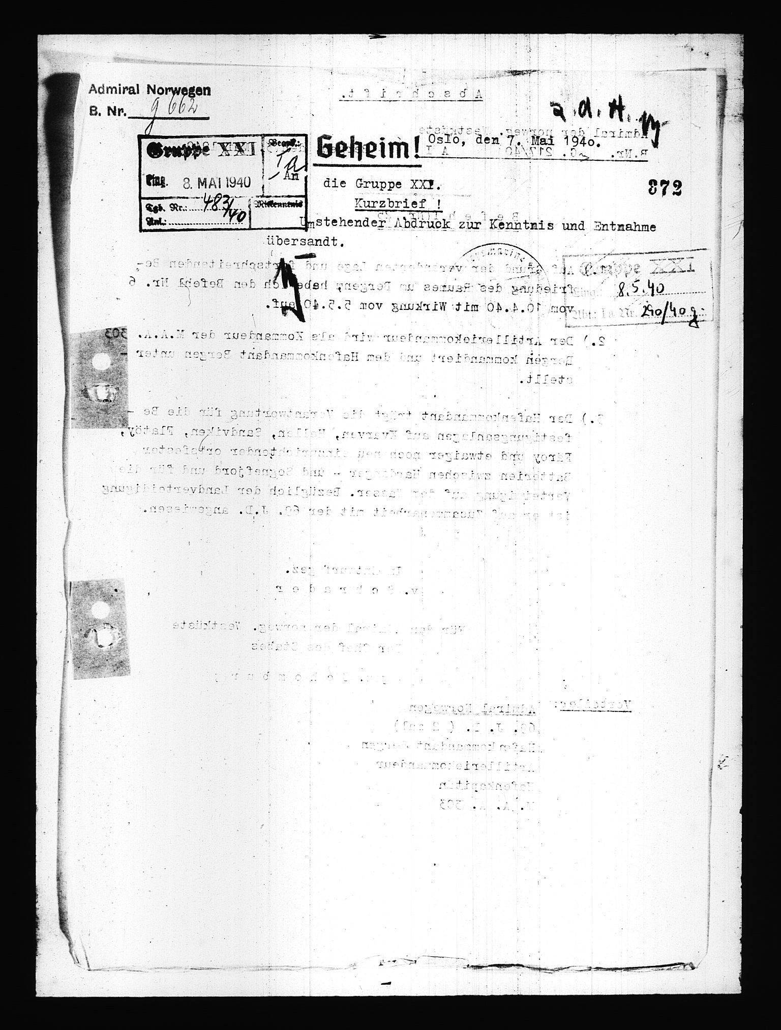 Documents Section, AV/RA-RAFA-2200/V/L0077: Amerikansk mikrofilm "Captured German Documents".
Box No. 716.  FKA jnr. 615/1954., 1940, p. 352