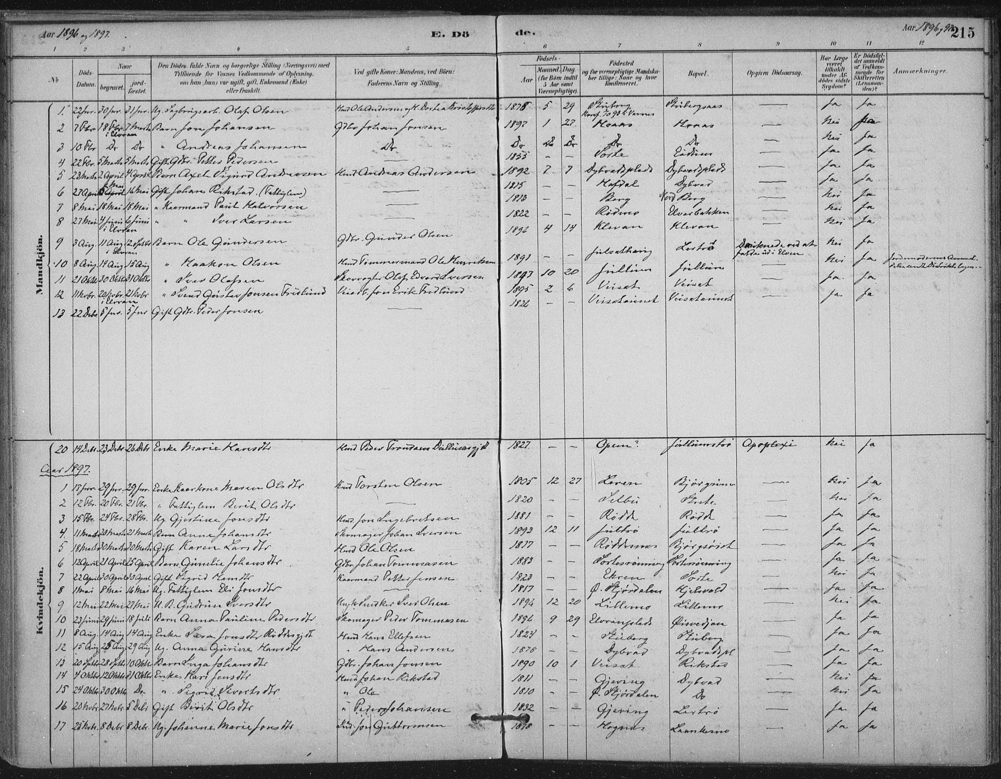 Ministerialprotokoller, klokkerbøker og fødselsregistre - Nord-Trøndelag, AV/SAT-A-1458/710/L0095: Parish register (official) no. 710A01, 1880-1914, p. 215